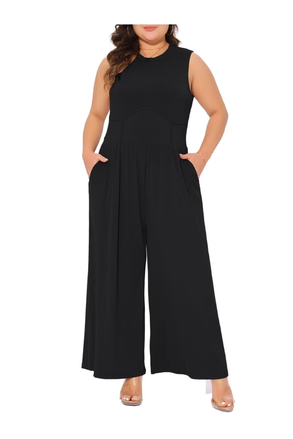 Women's Plus Sleeveless Crew Neck Jumpsuit with Pockets 1X Black
