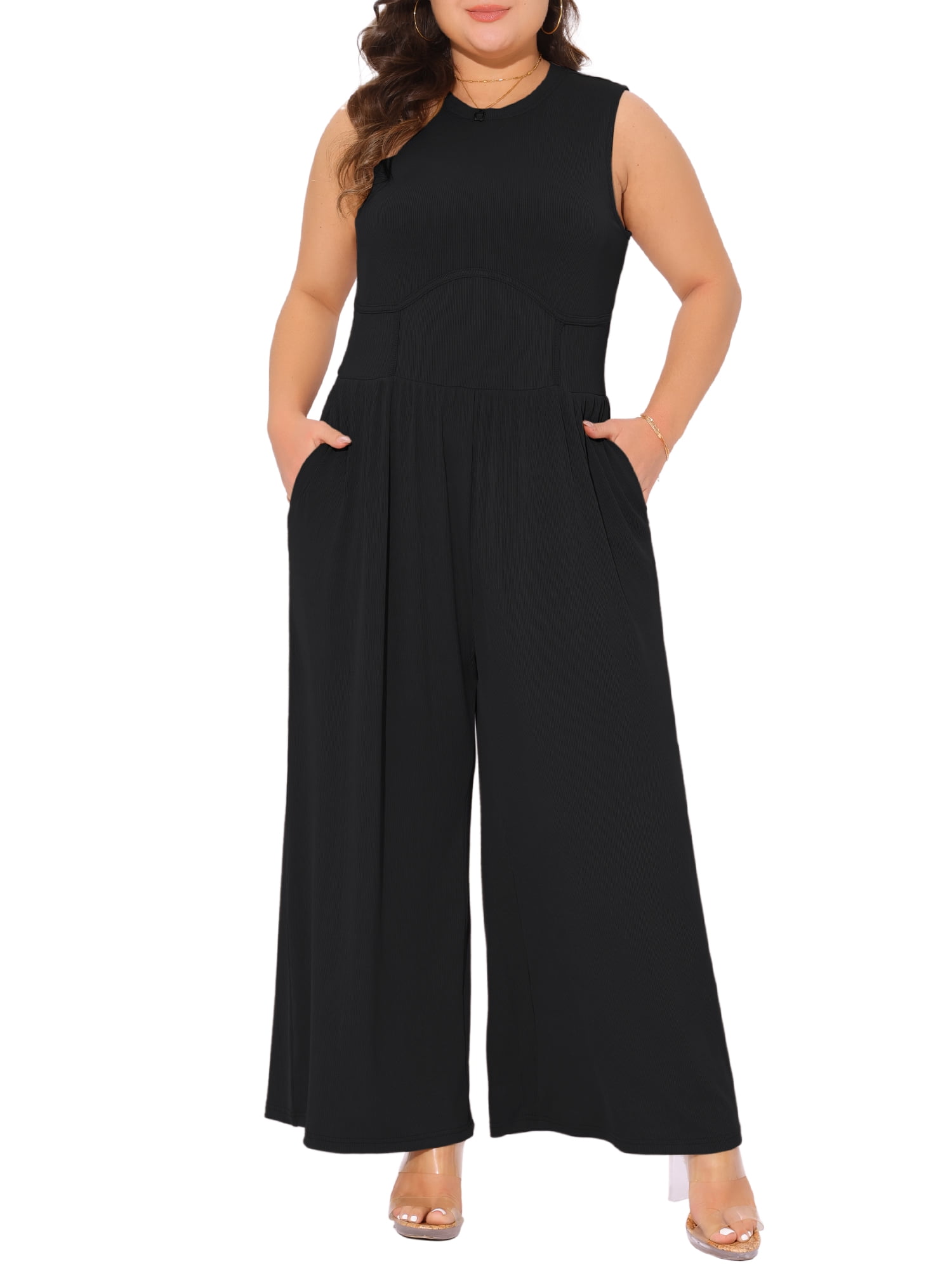 DARING DIVA Women's Plus Sleeveless Crew Neck Jumpsuit with Pockets 3X Black