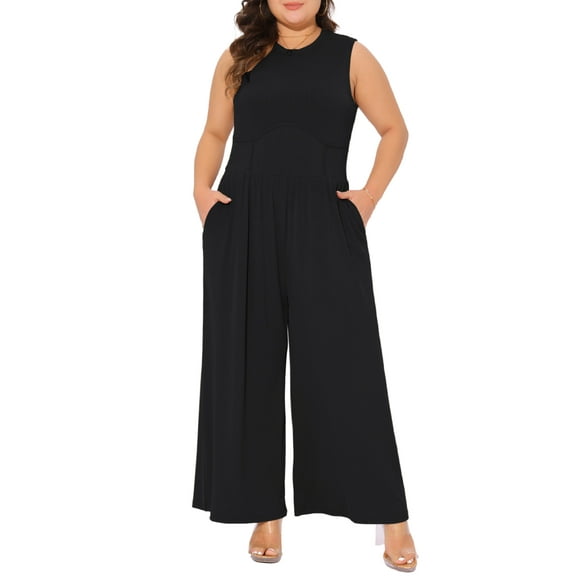 DARING DIVA Women's Plus Sleeveless Crew Neck Jumpsuit with Pockets 3X Black