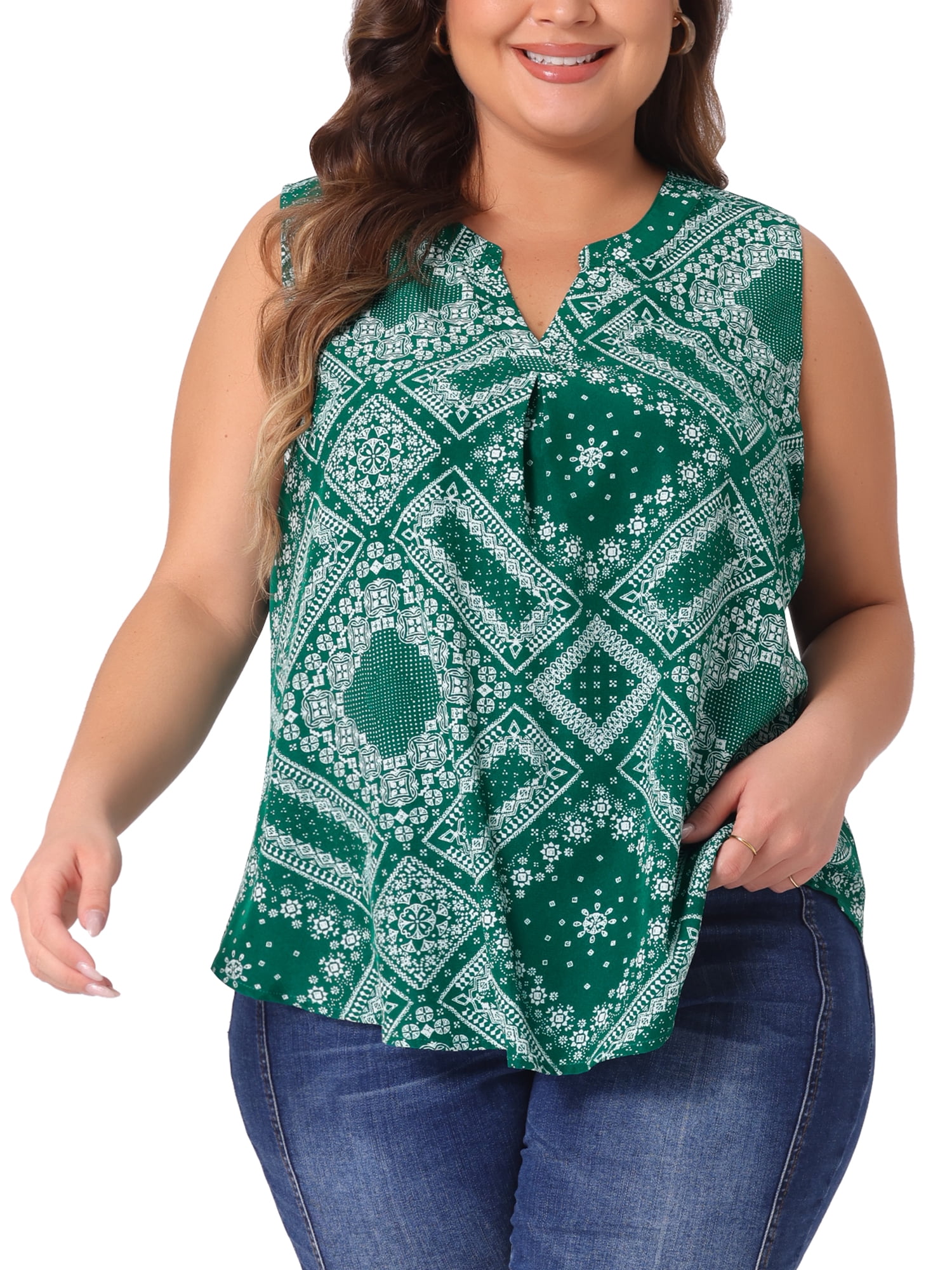 DARING DIVA Women's Plus Sleeveless Floral Print V Neck Tank Top 1X Green