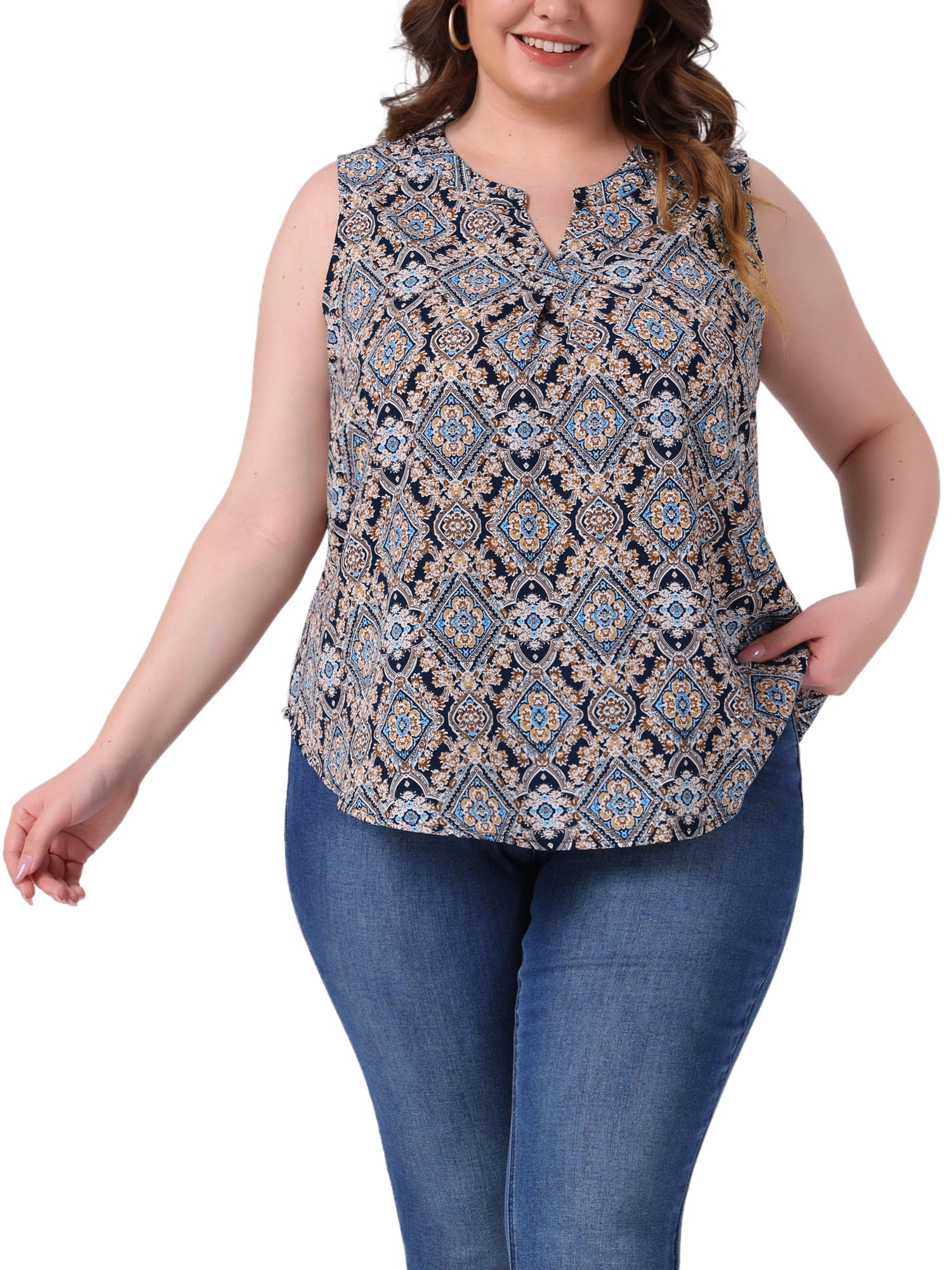 DARING DIVA Women's Plus Sleeveless Floral Print V Neck Tank Top 1X Navy Blue