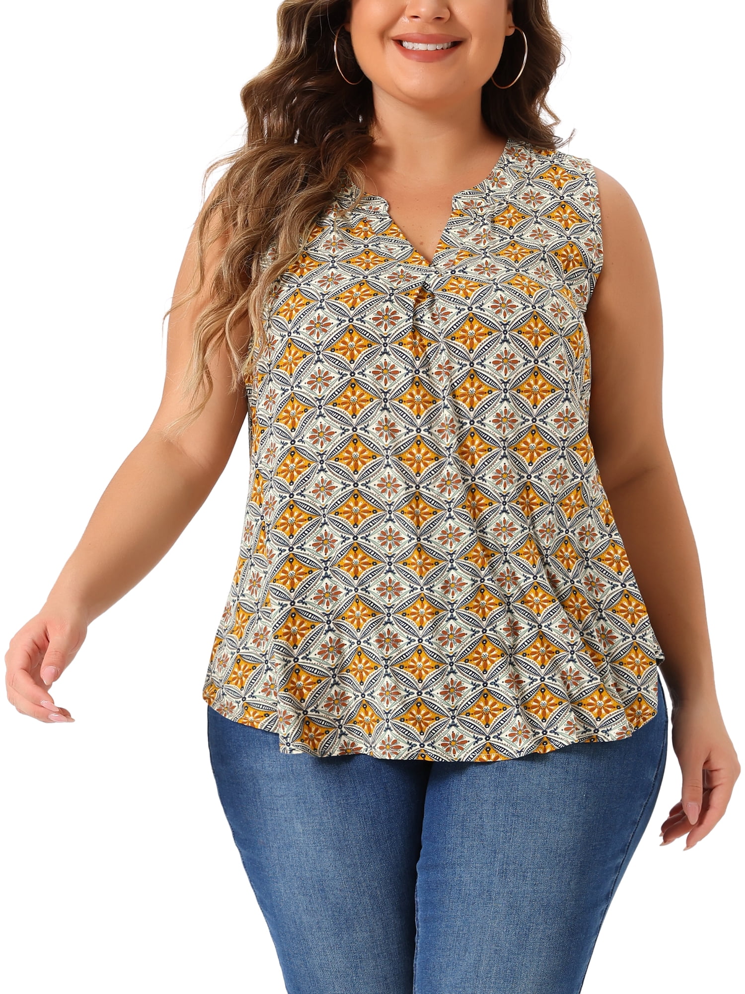 DARING DIVA Women's Plus Sleeveless Floral Print V Neck Tank Top 3X Beige