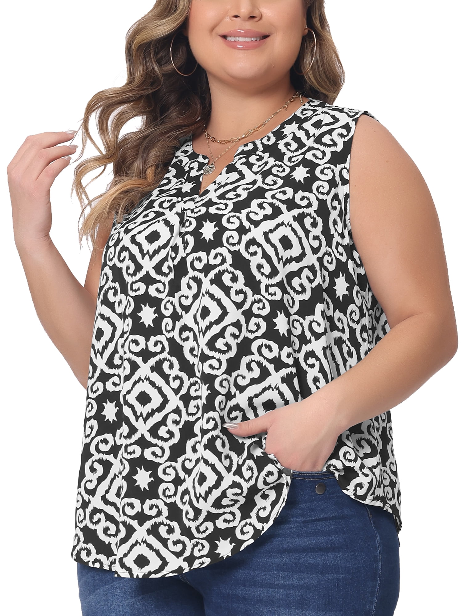 DARING DIVA Women's Plus Sleeveless Floral Print V Neck Tank Top 4X Black