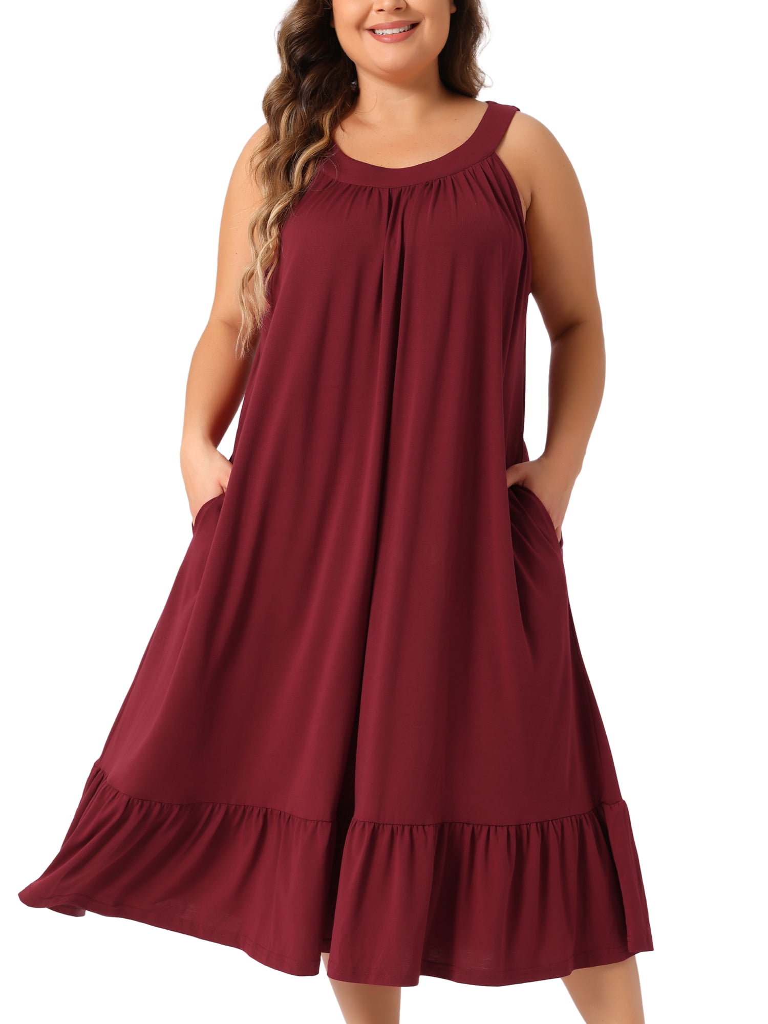 DARING DIVA Women's Plus Size Sleeveless Nightgown with Pockets 4X Wine Red