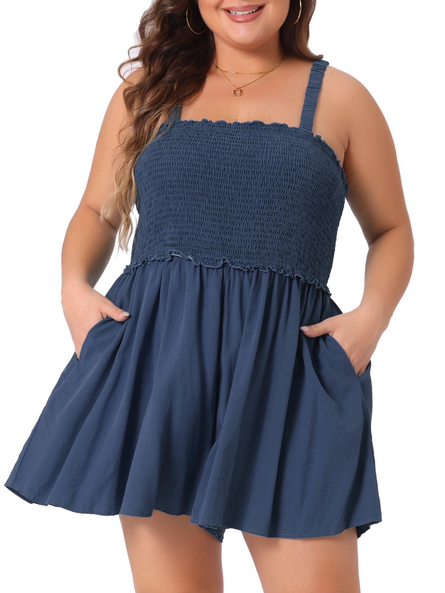 DARING DIVA Women's Plus Sleeveless Rompers with Pockets and Flowy Design 2X Navy Blue