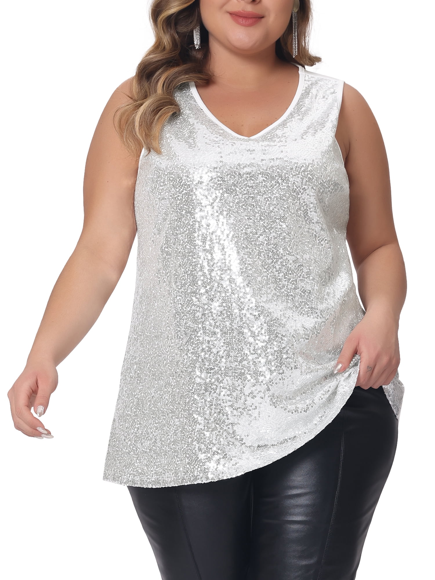 DARING DIVA Women's Plus Sleeveless Sparkle Sequin V Neck Tank Top 5X Silver