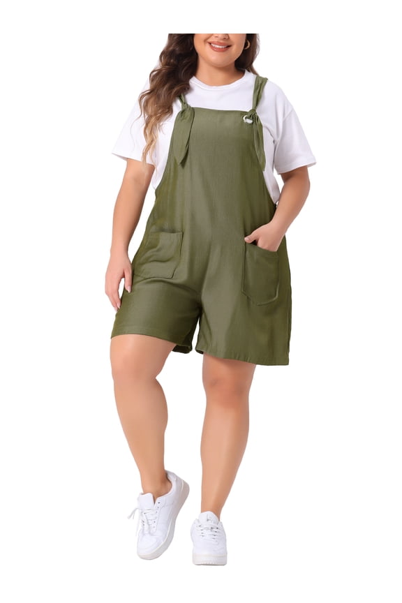 Women's Plus Sleeveless Square Neck Tie Shoulder Romper Shorts 1X Army Green