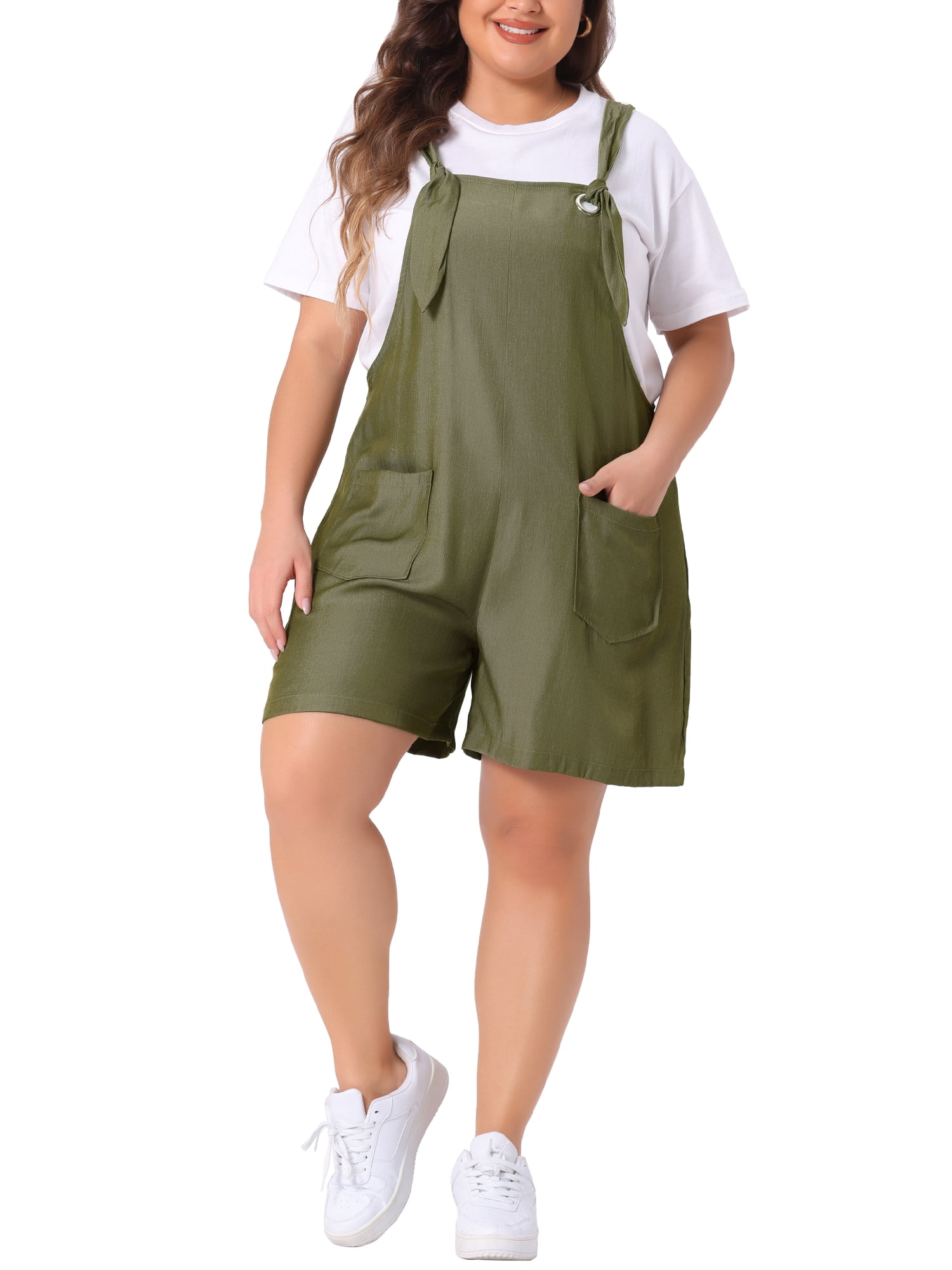 DARING DIVA Women's Plus Sleeveless Square Neck Tie Shoulder Romper Shorts 4X Army Green