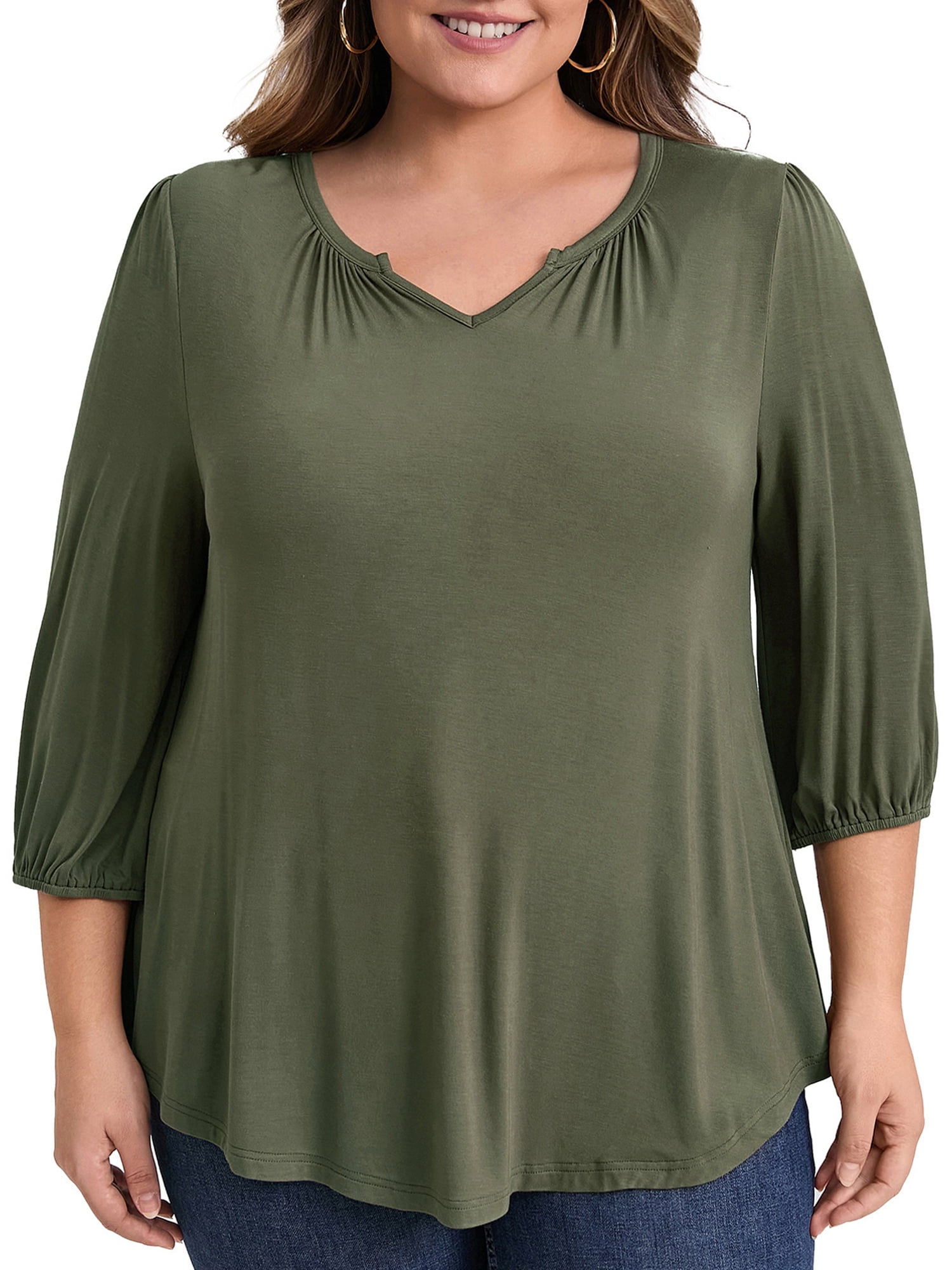 DARING DIVA Women's Plus Smocked 3/4 Sleeve Notch V Neck Blouse 1X Army Green