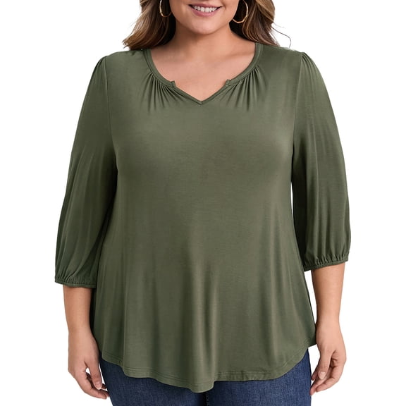 DARING DIVA Women's Plus Smocked 3/4 Sleeve Notch V Neck Blouse 1X Army Green