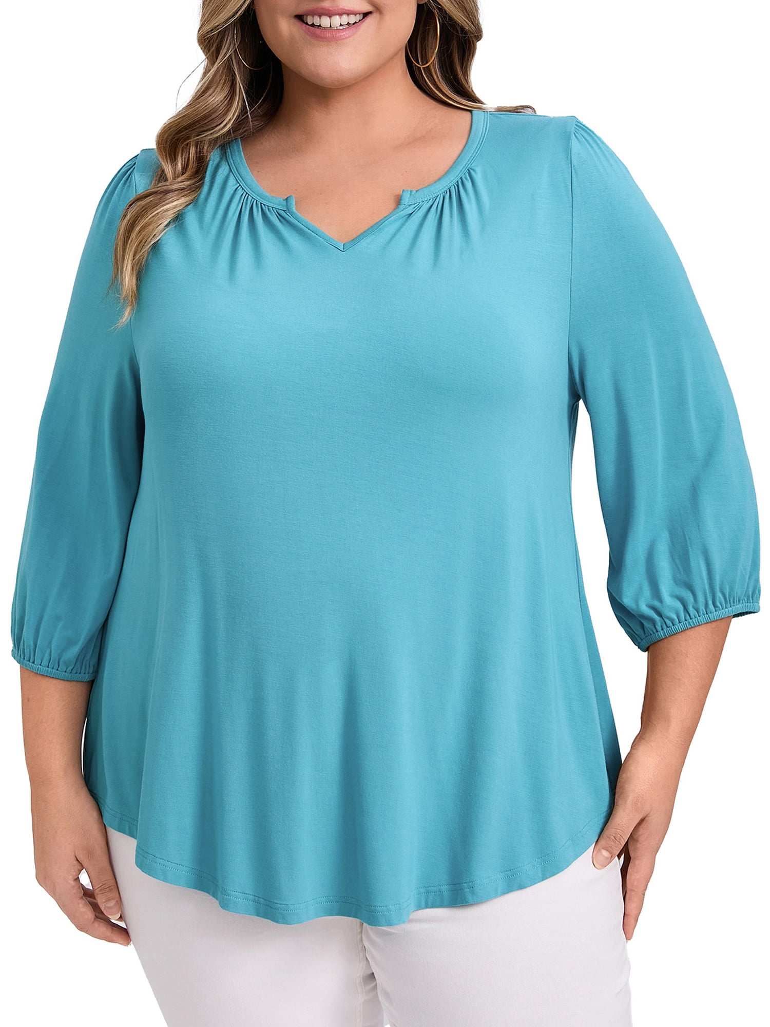 DARING DIVA Women's Plus Smocked 3/4 Sleeve Notch V Neck Blouse 3X Lake Blue