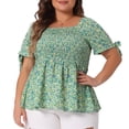 thumbnail image 1 of DARING DIVA Women's Plus Smocked Bow Tie Short Sleeve Peplum Top 1X Green, 1 of 6