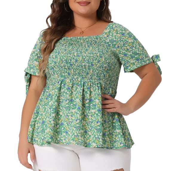 DARING DIVA Women's Plus Smocked Bow Tie Short Sleeve Peplum Top 1X Green