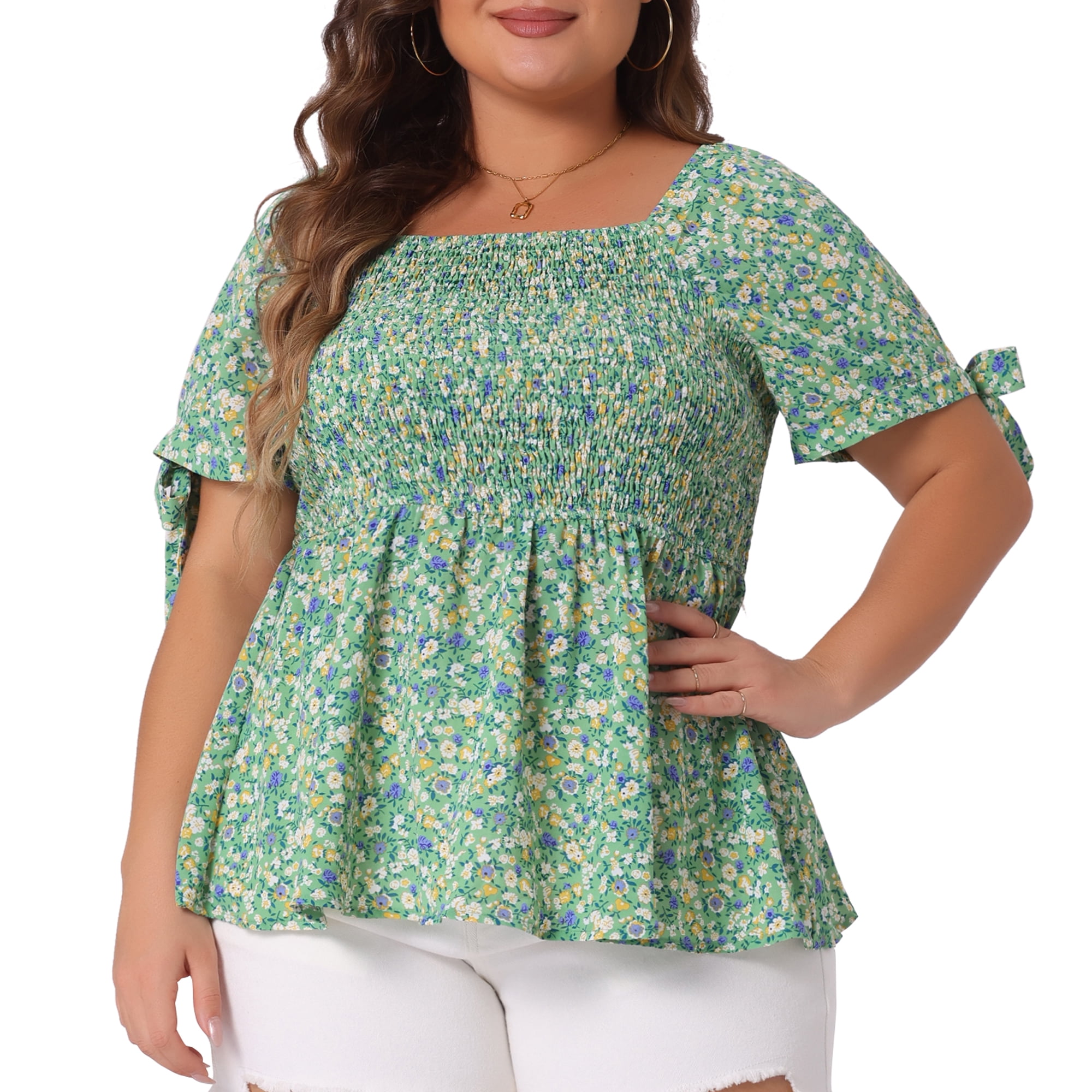 DARING DIVA Women's Plus Size Smocked Bow Tie Short Sleeve Peplum Blouse 2X Green