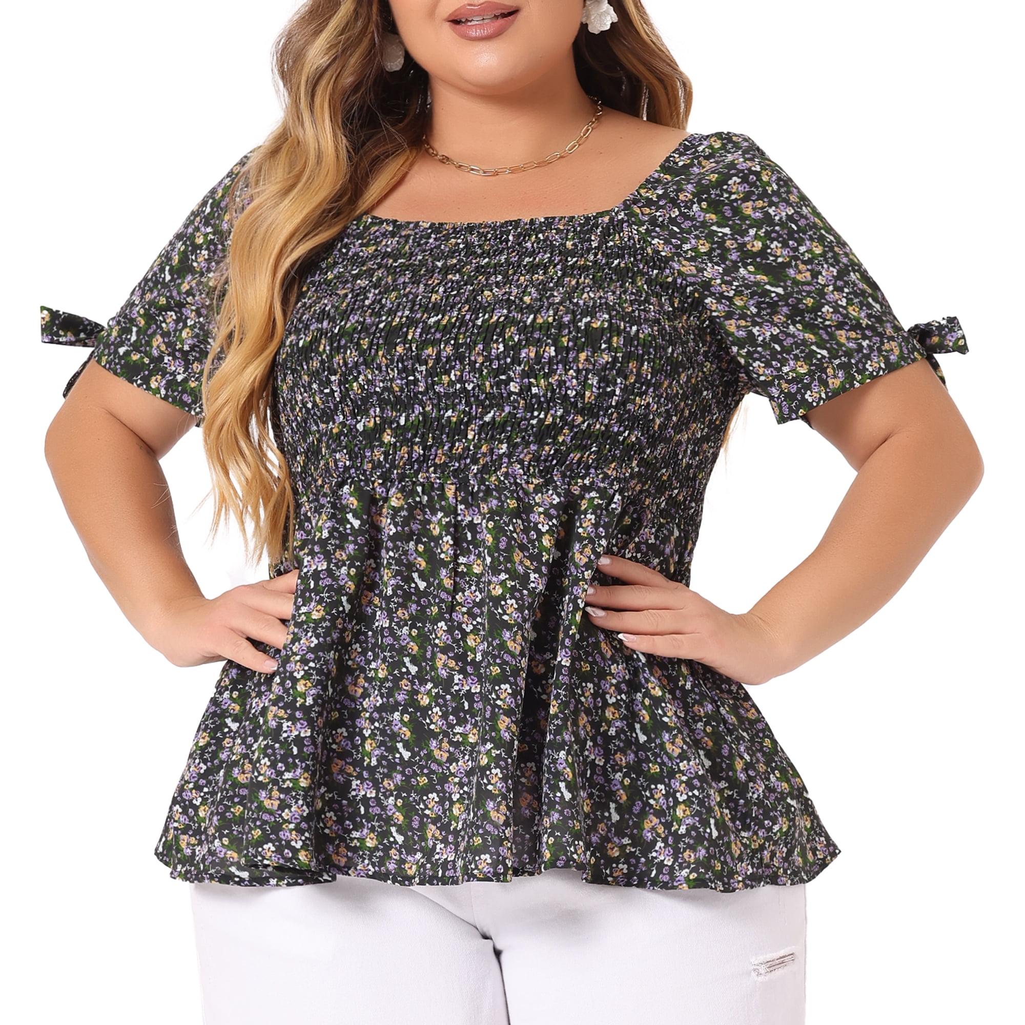 DARING DIVA Women's Plus Size Smocked Bow Tie Short Sleeve Peplum Blouse 3X Black Purple