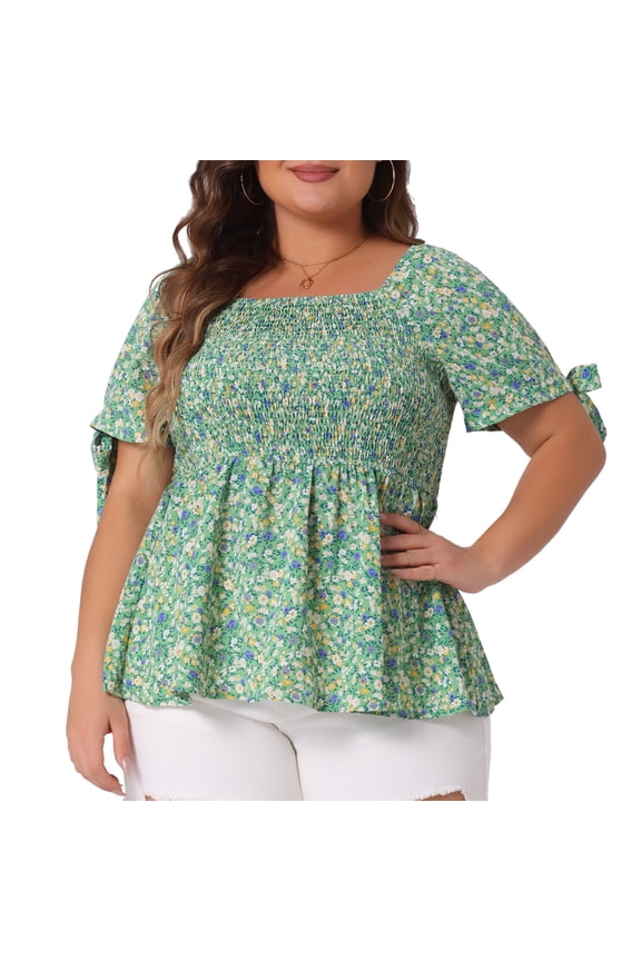 Women's Plus Smocked Bow Tie Short Sleeve Peplum Top 4X Green