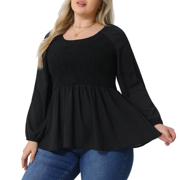 DARING DIVA Women's Plus Smocked Peplum Crew Neck Chiffon Top 1X Black