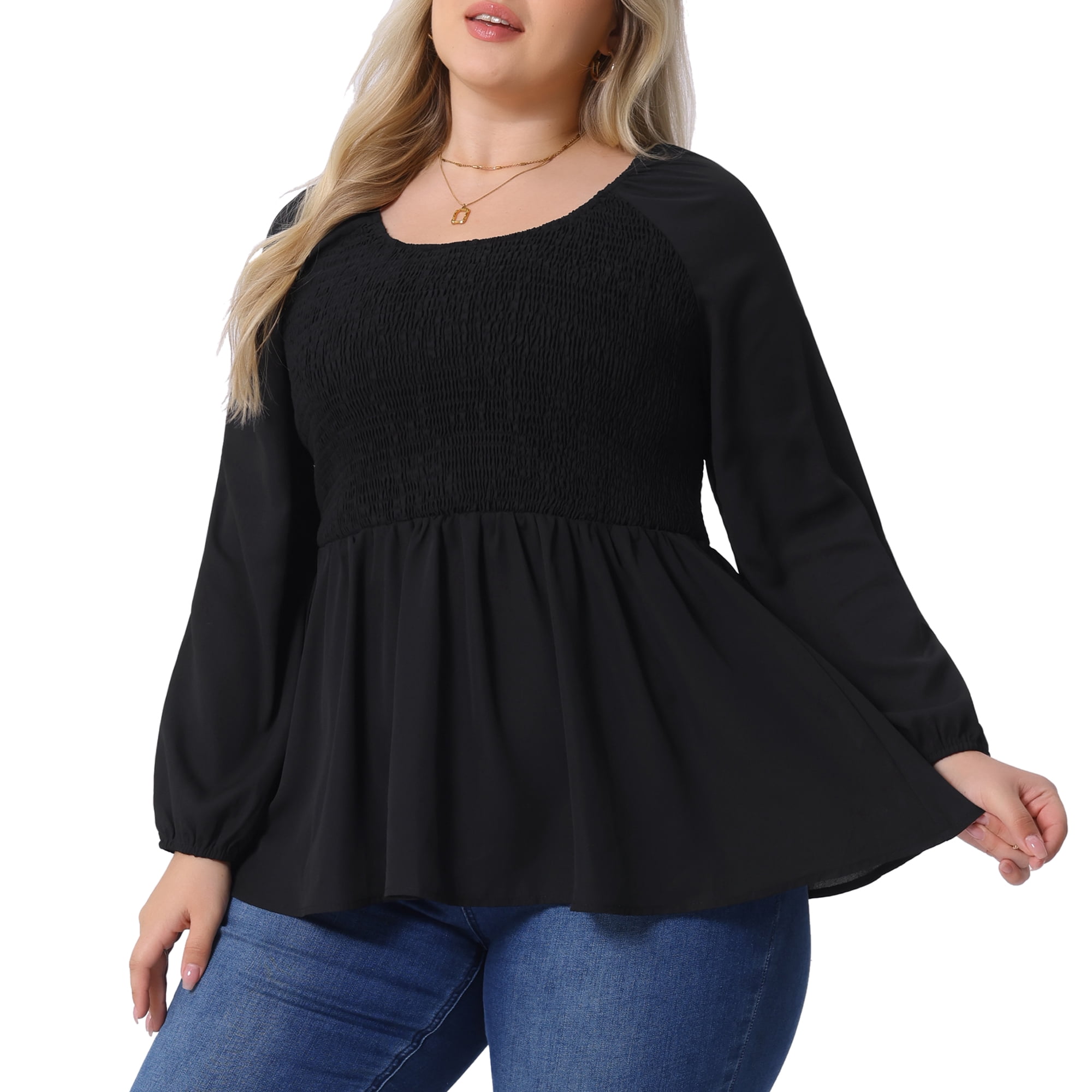 DARING DIVA Women's Plus Smocked Peplum Crew Neck Chiffon Top 4X Black