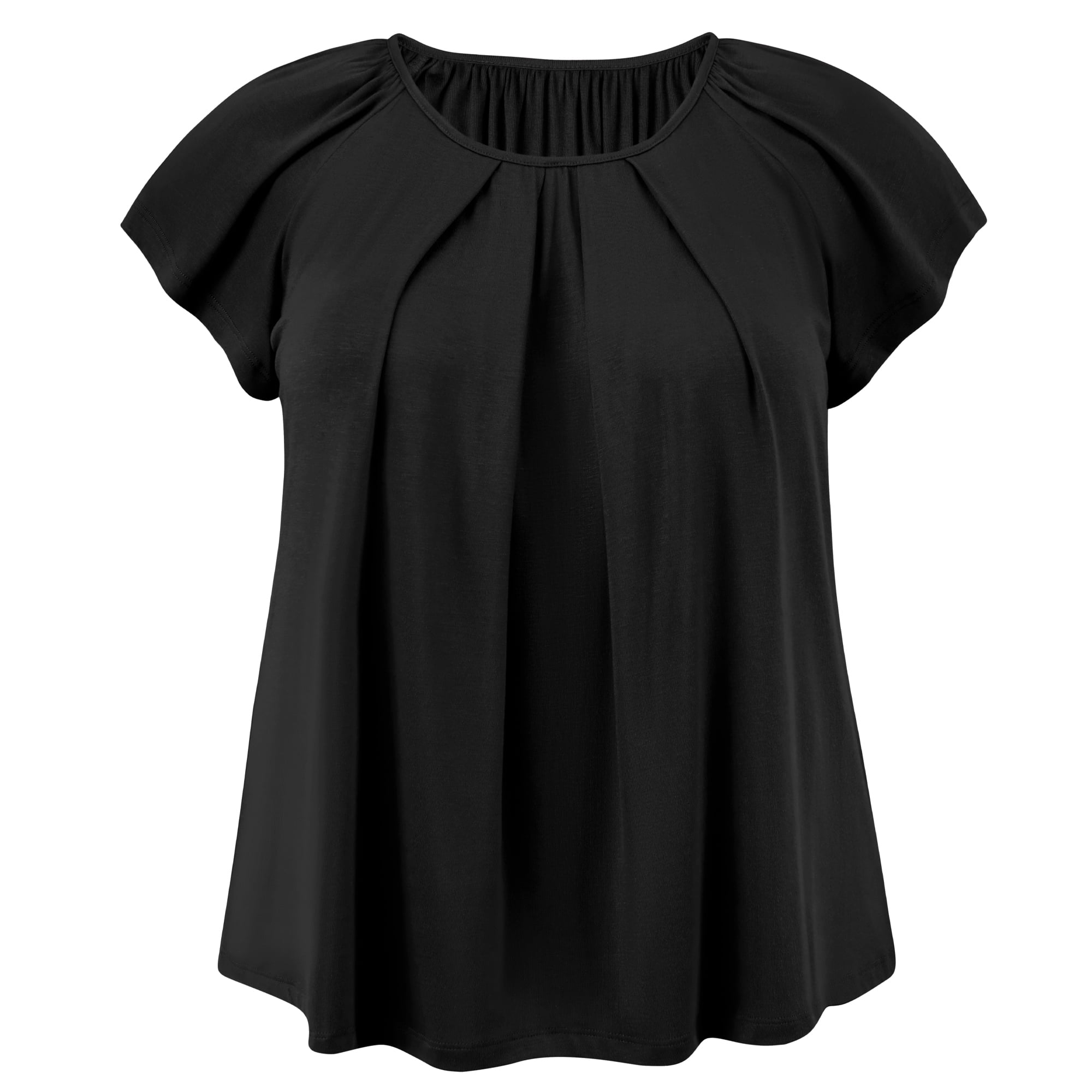 DARING DIVA Women's Plus Soft Blouse Pleated Ruffle Sleeve Round Neck Loose Tops 1X Black
