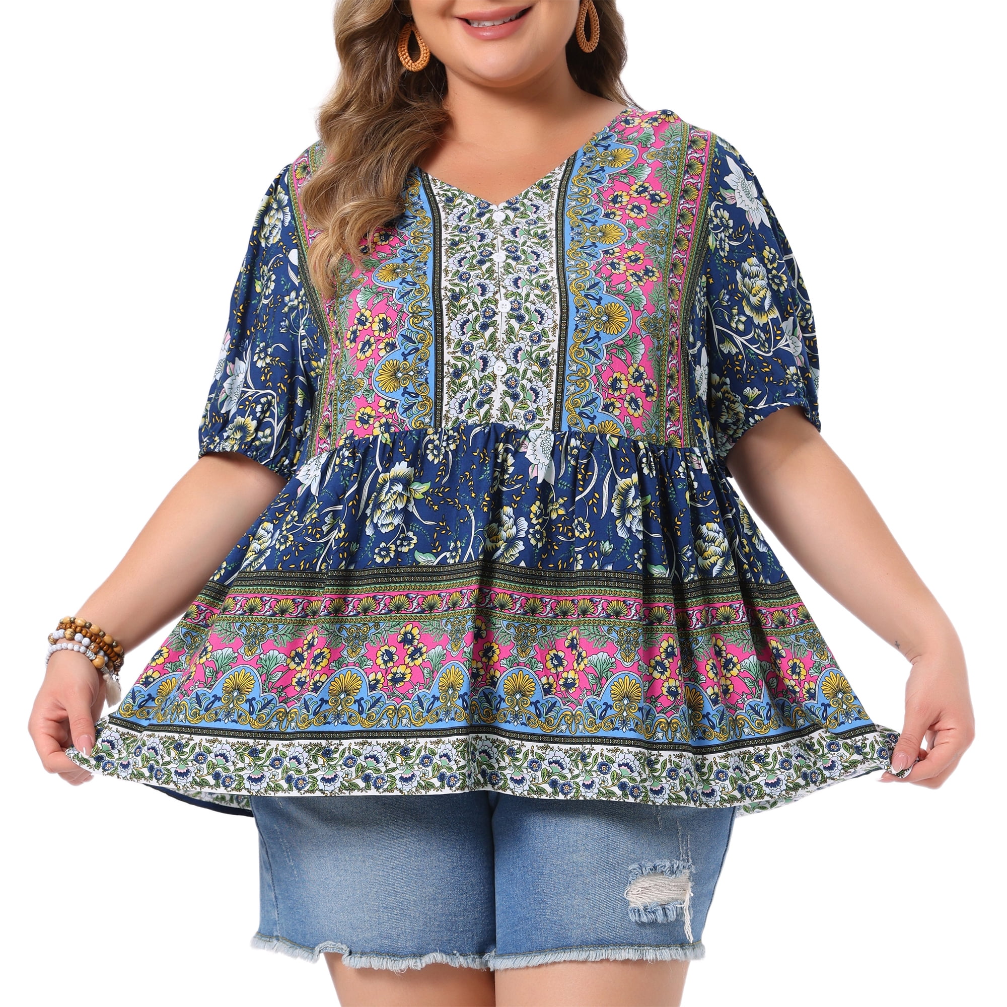 DARING DIVA Women's Plus Soft Boho Floral Print V Neck  Summer Blouses 3X Deep Blue