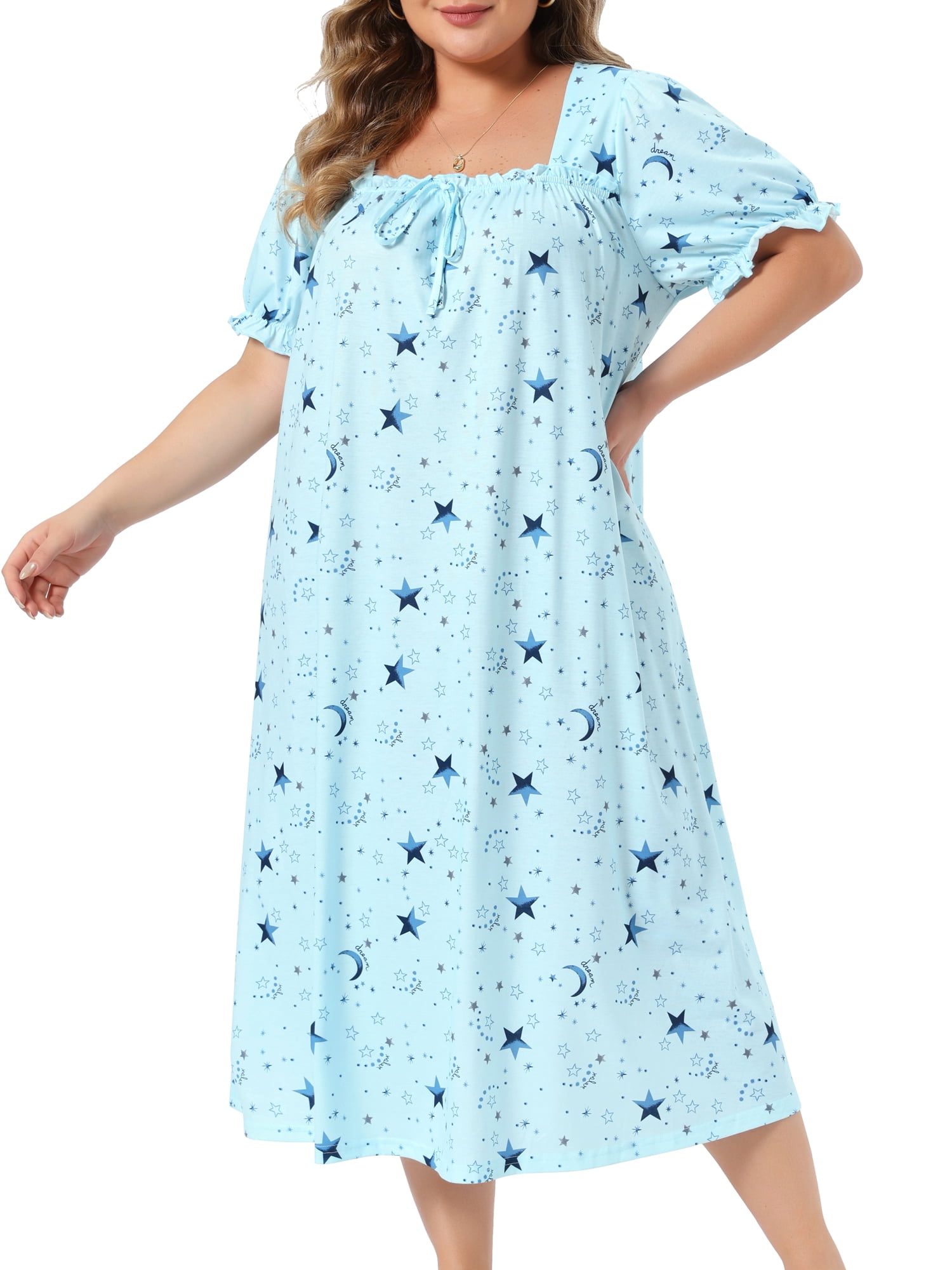 DARING DIVA Women's Plus Soft Crew Neck Cute Cherry Ruffle Nightgown 1X Light Blue