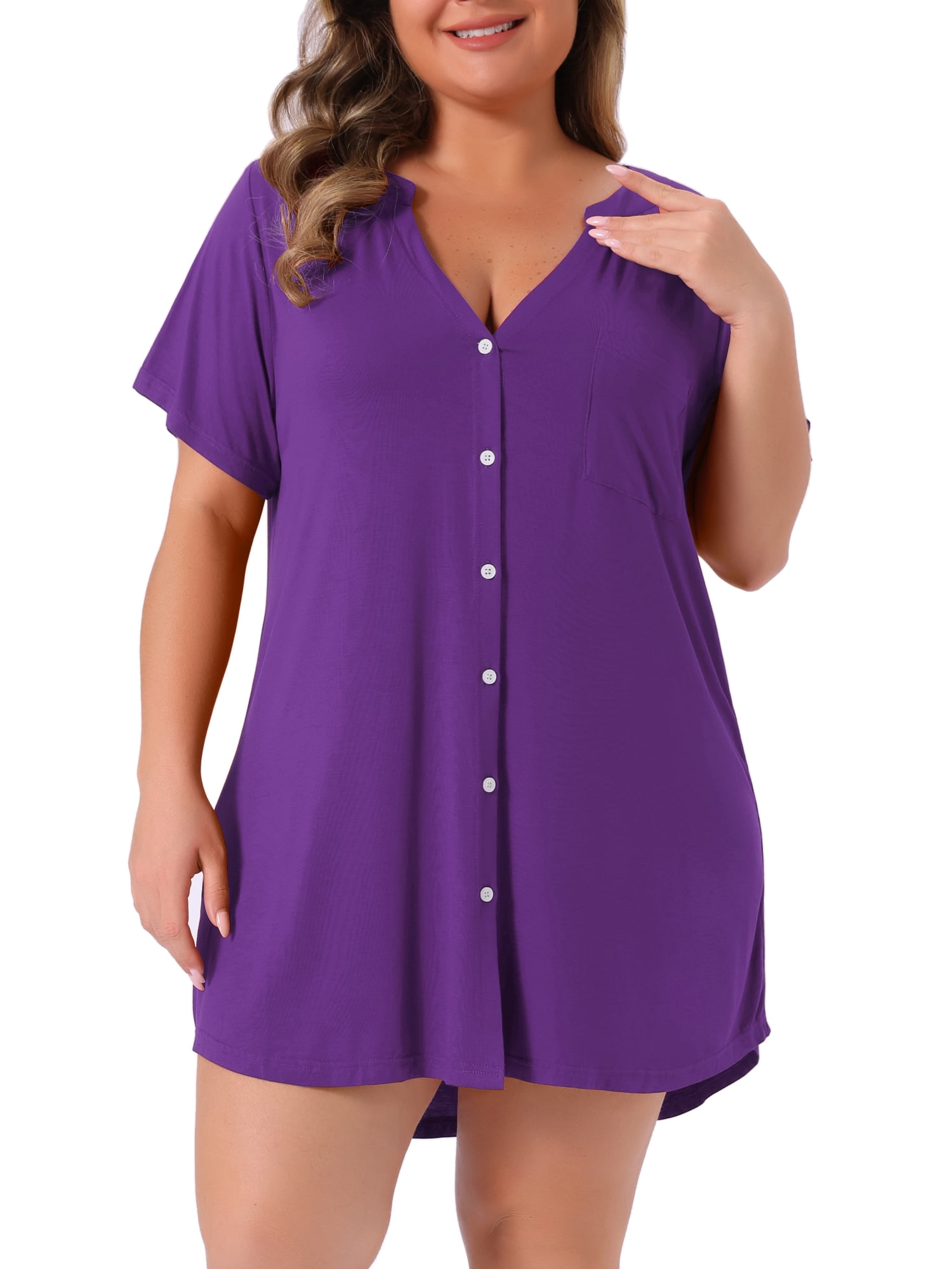 DARING DIVA Women's Plus Soft Short Sleeve Soft Button Down Nightgown 1X Purple