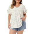 thumbnail image 1 of DARING DIVA Women's Plus Soft Tops V Neck Ruffle Sleeve Floral Casual Blouses 2X White, 1 of 6