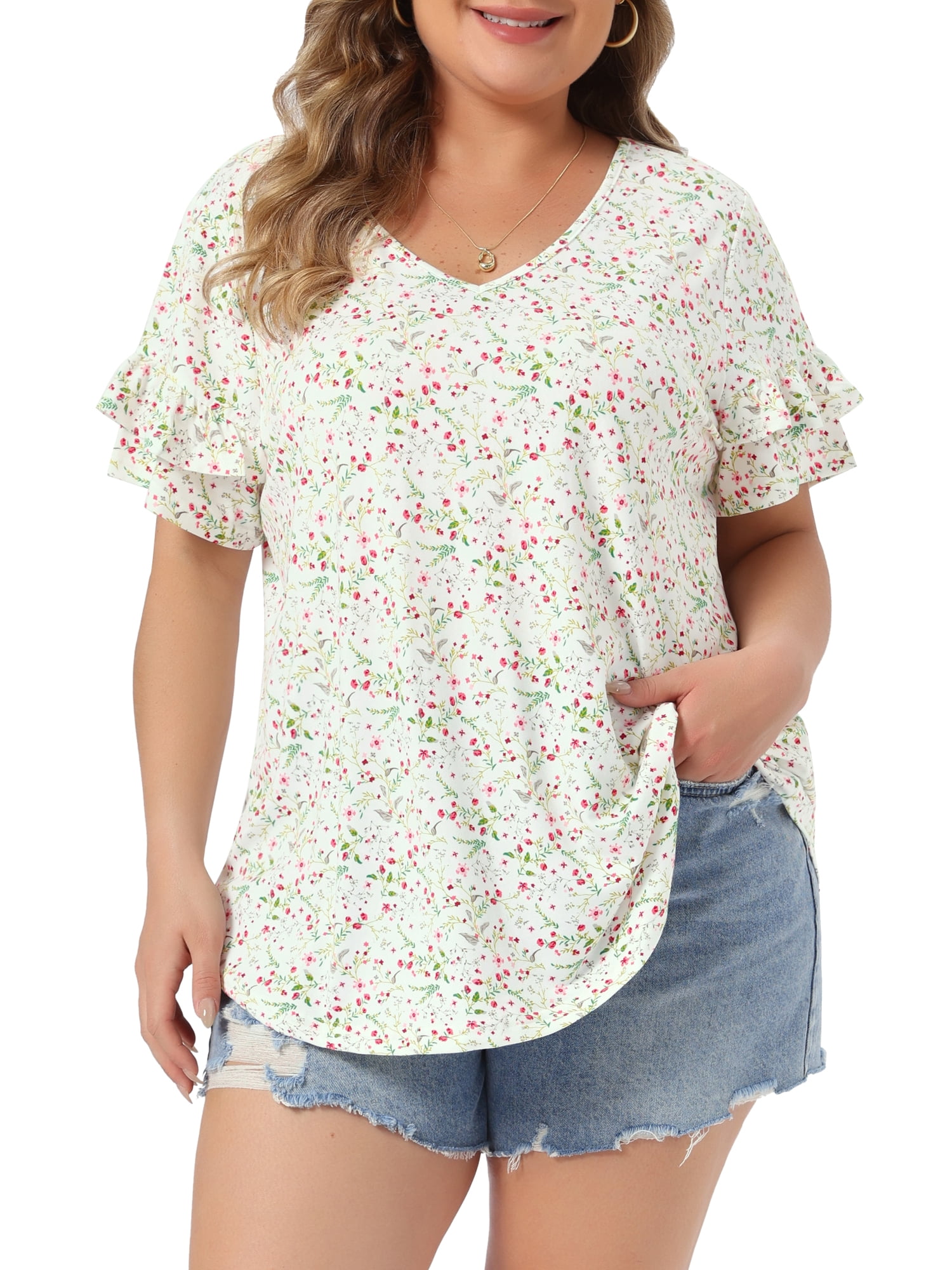 DARING DIVA Women's Plus Soft Tops V Neck Ruffle Sleeve Floral Casual Blouses 4X White