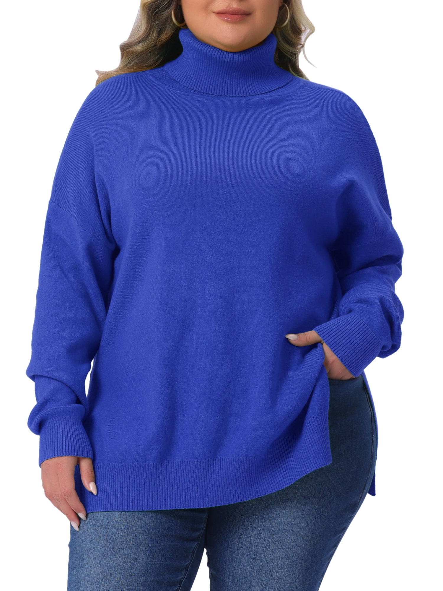 DARING DIVA Women's Plus Soft Turtle Neck Long Sleeve Pullover Knit Top 1X Blue