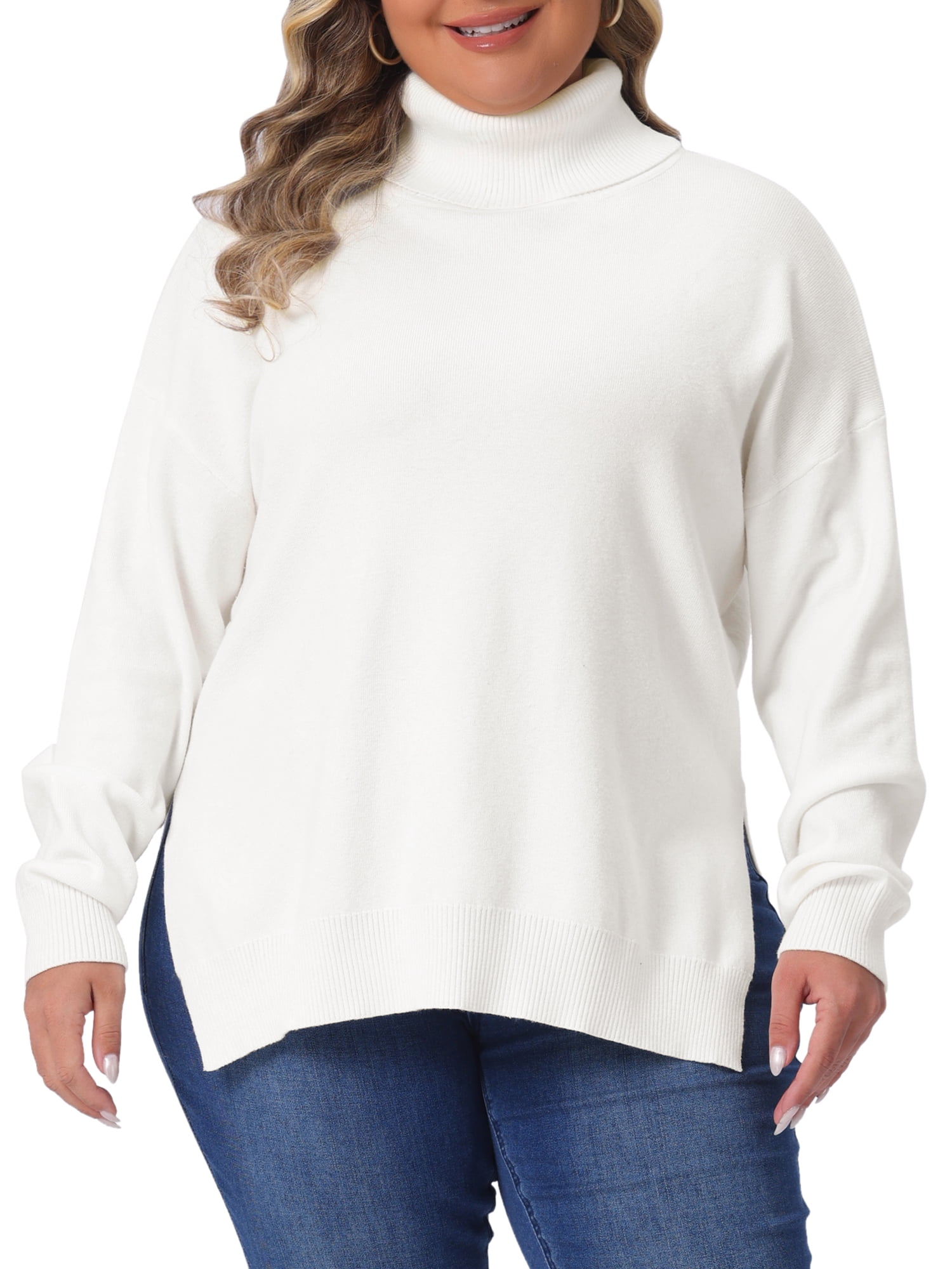 DARING DIVA Women's Plus Soft Turtle Neck Long Sleeve Pullover Knit Top 1X White