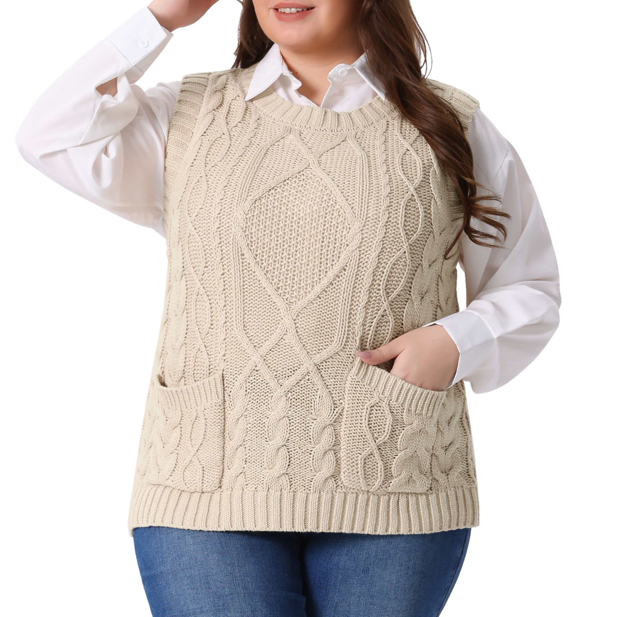 DARING DIVA Women's Plus Solid Knitted Crew Neck Sweater Vest 1X Beige