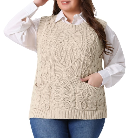 DARING DIVA Women's Plus Solid Knitted Crew Neck Sweater Vest 1X Beige