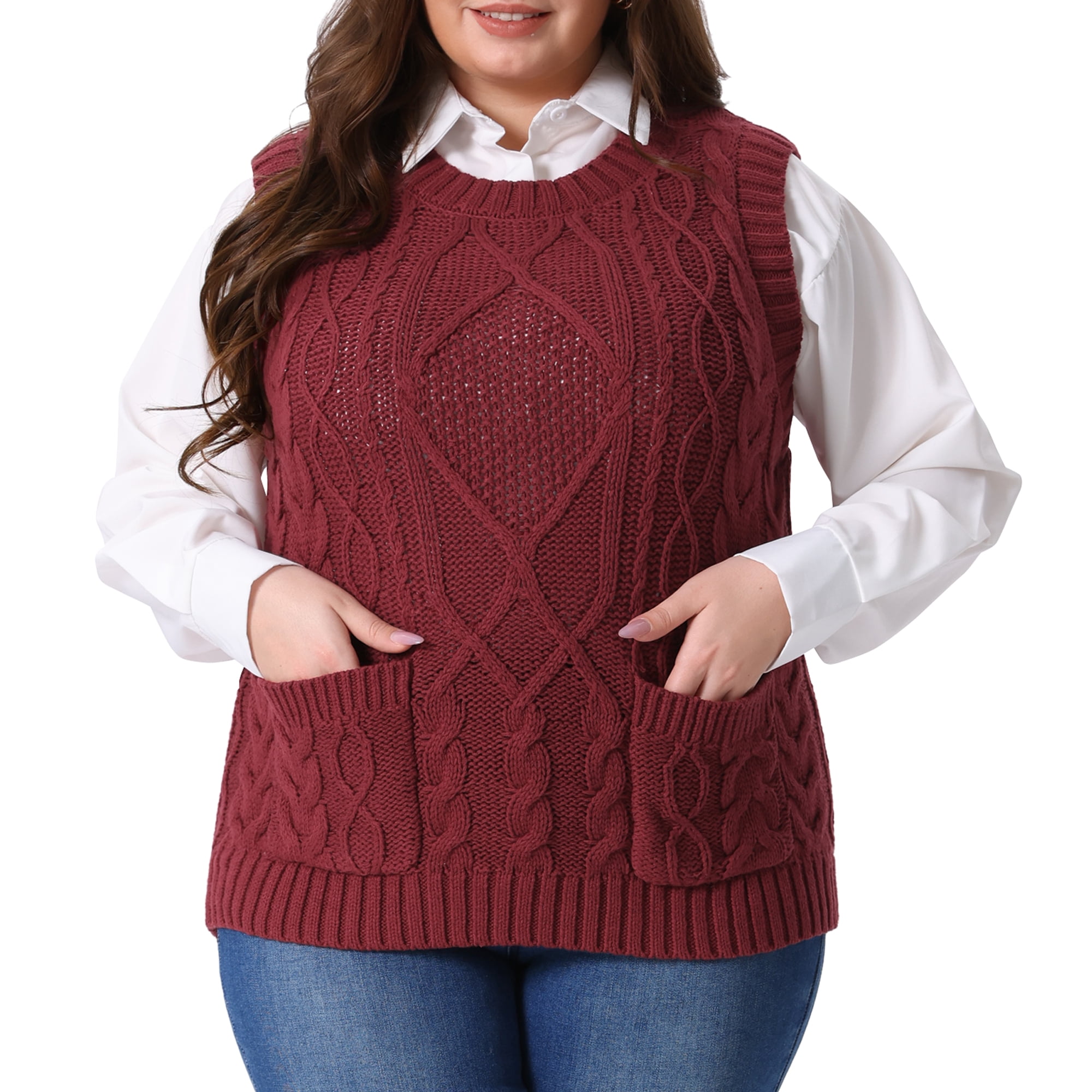DARING DIVA Women's Plus Solid Knitted Crew Neck Sweater Vest 1X Red