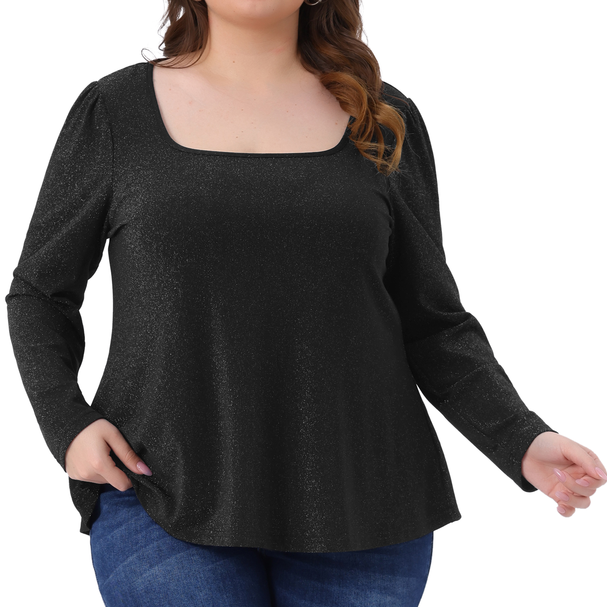 DARING DIVA Women's Plus Sparkly Glitter Square Neck Long Sleeve Top 4X Black