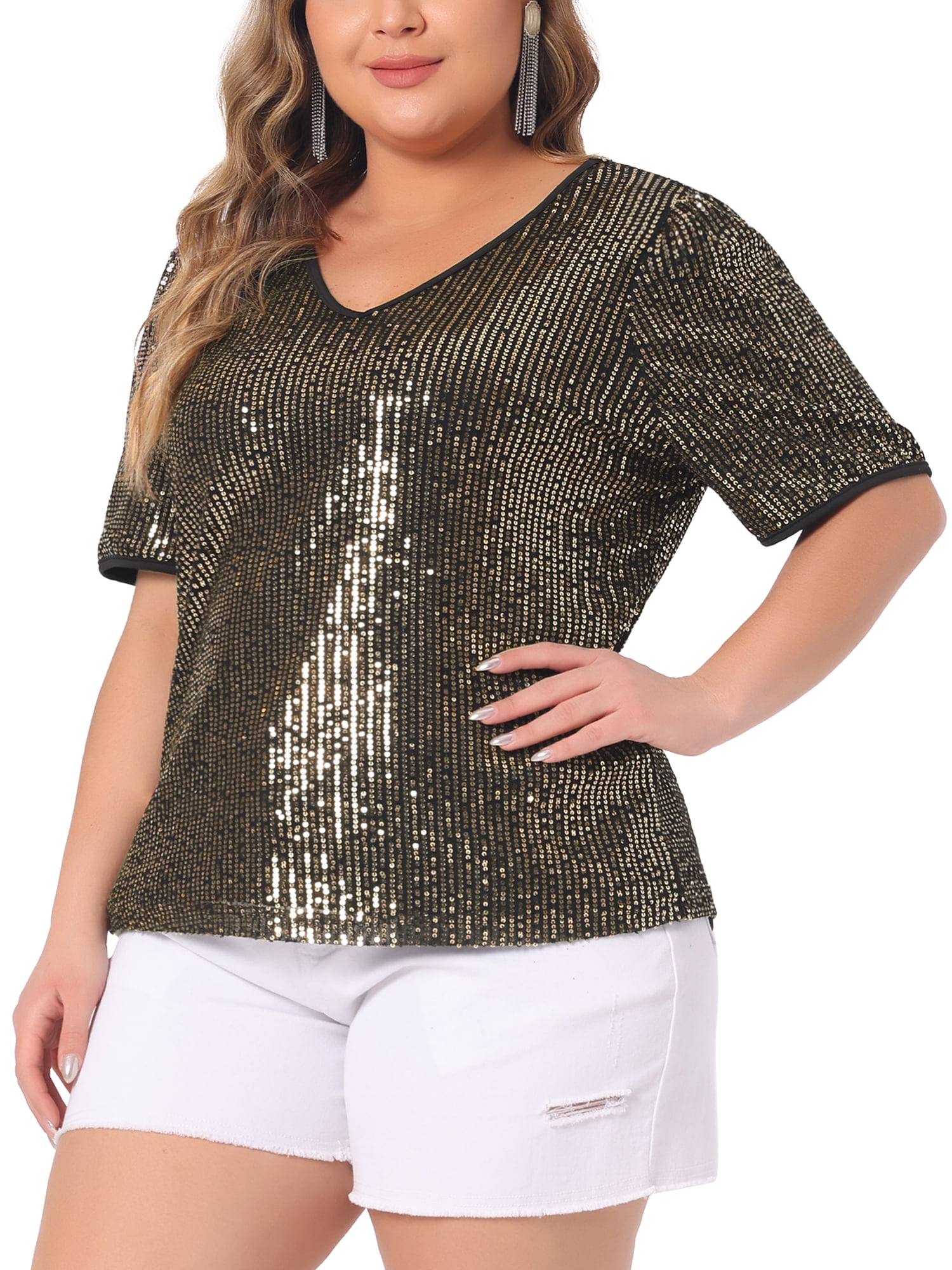 DARING DIVA Women's Plus Sparkly V Neck Short Sleeve Party Tops Blouses 2X Gold