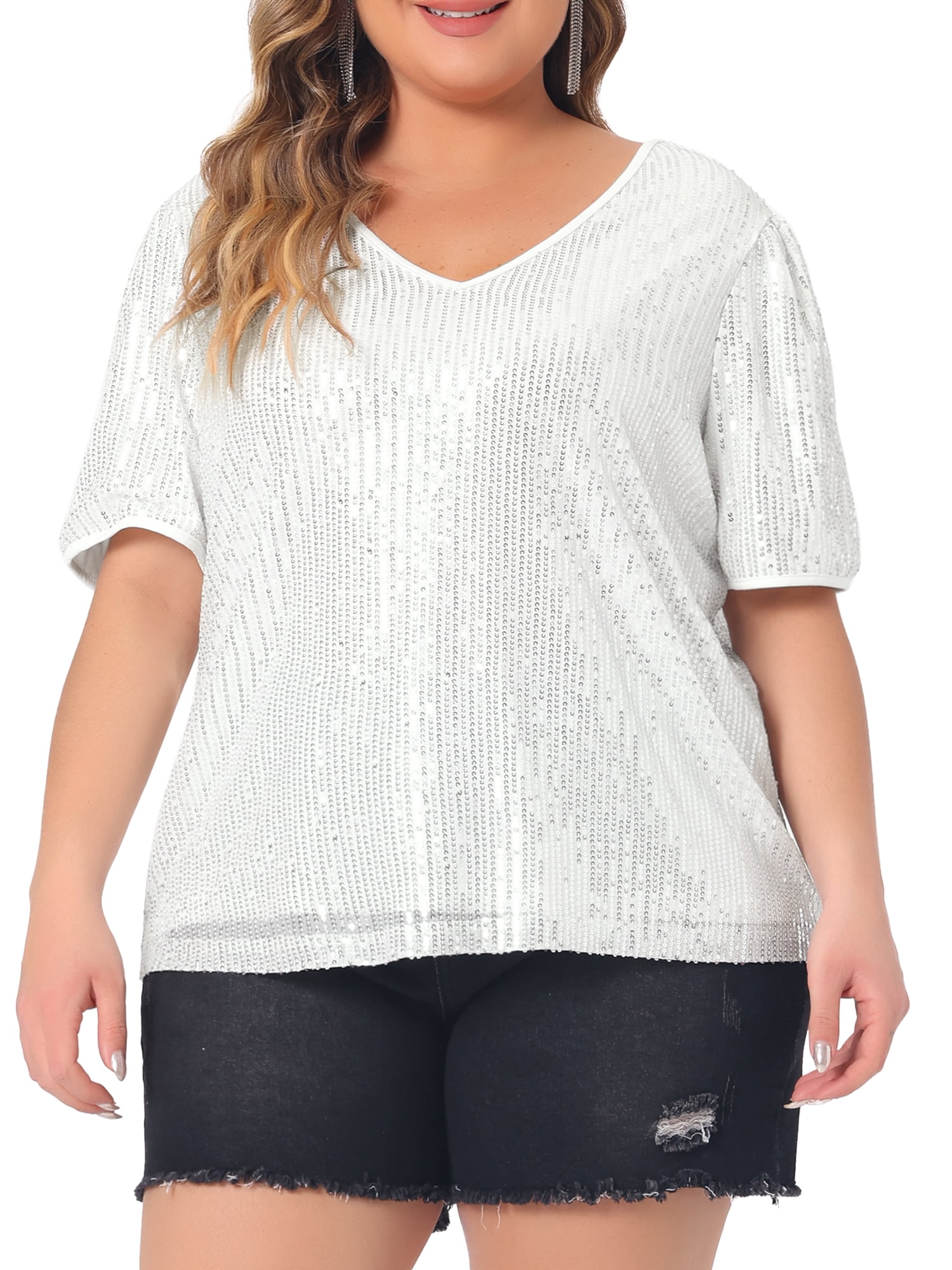 DARING DIVA Women's Plus Sparkly V Neck Short Sleeve Party Tops Blouses 2X Silver