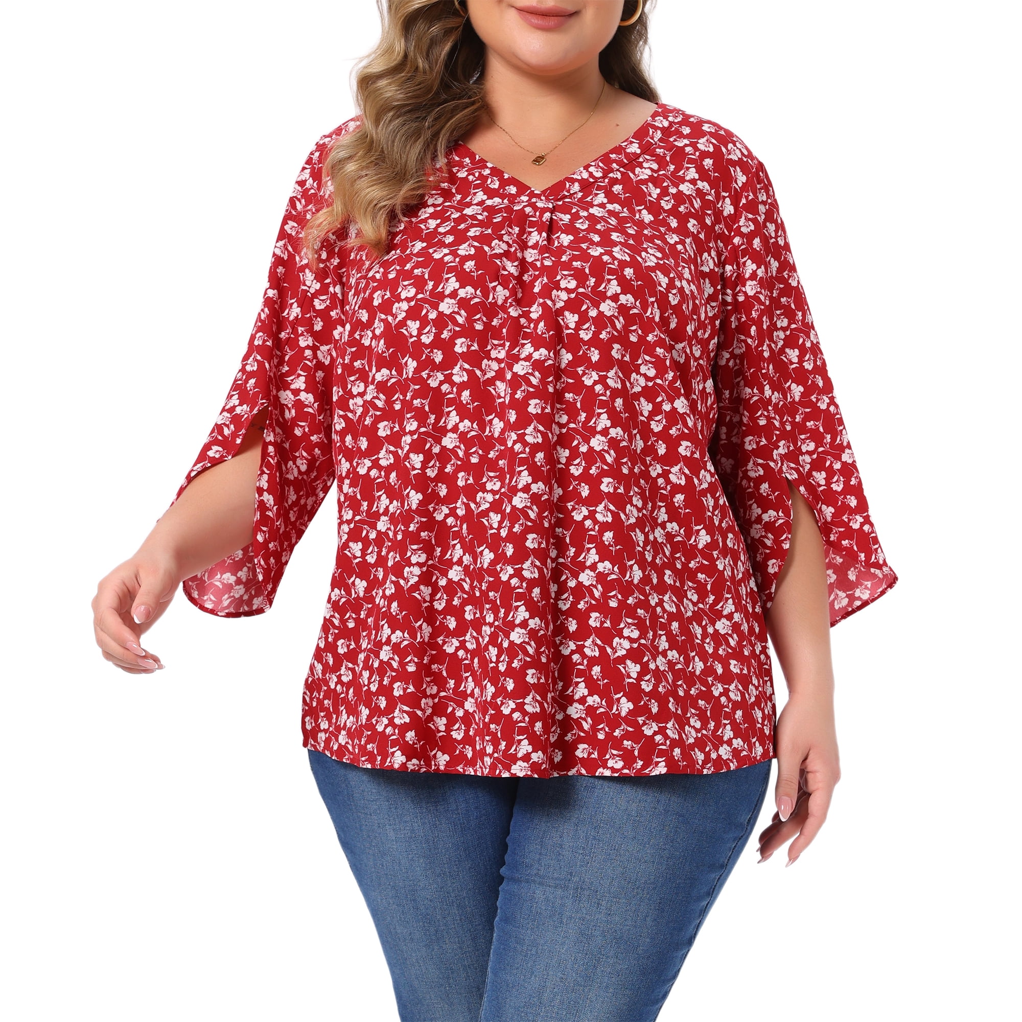 DARING DIVA Women's Plus Spring Tops 3/4 Sleeve V Neck Chiffon Work Dressy Shirt 2X Red