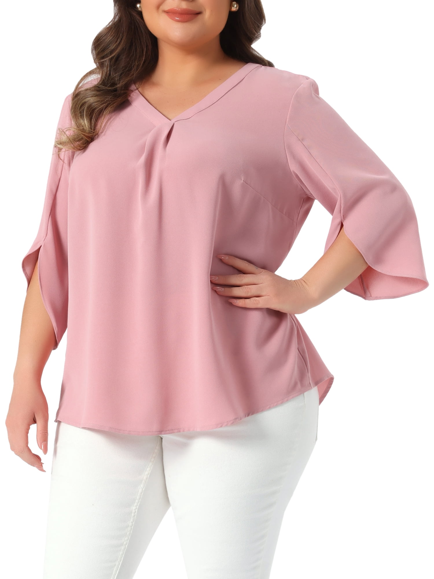 DARING DIVA Women's Plus Spring Tops V Neck Chiffon Work Dressy Casual Shirt 1X Pink