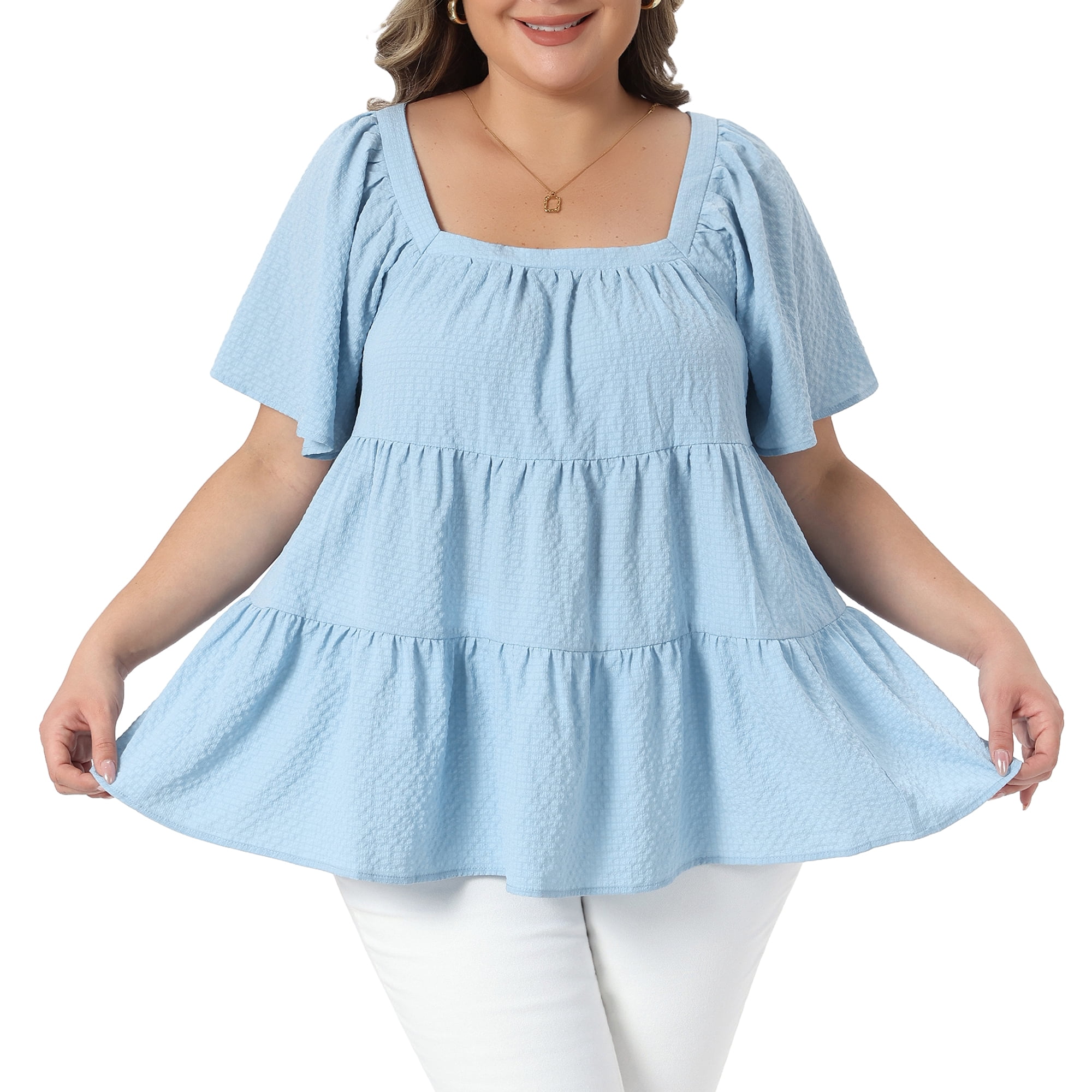 DARING DIVA Women's Plus Summer Square Neck Short Sleeve Tops 3X Light Blue
