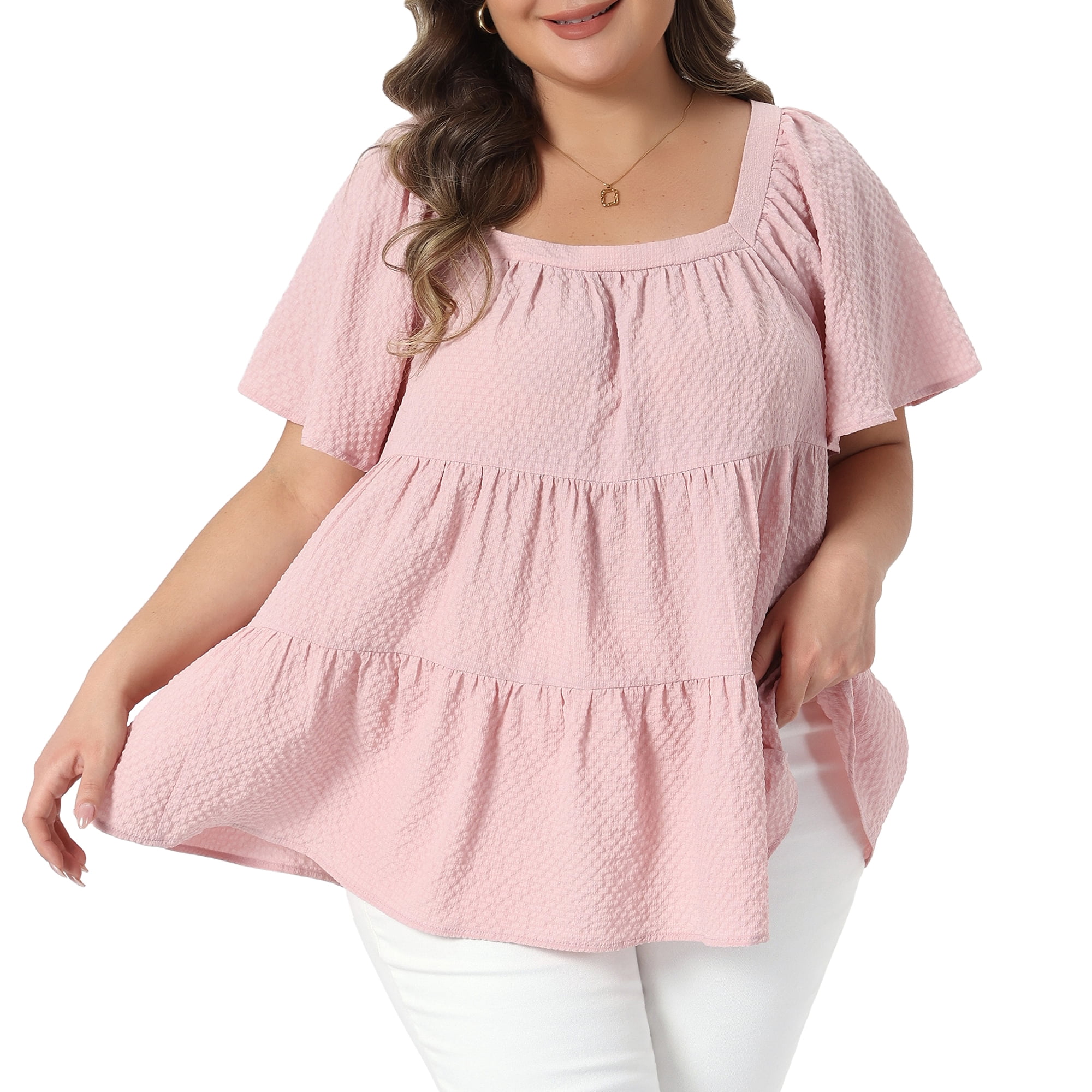 DARING DIVA Women's Plus Summer Square Neck Short Sleeve Tops 3X Pink