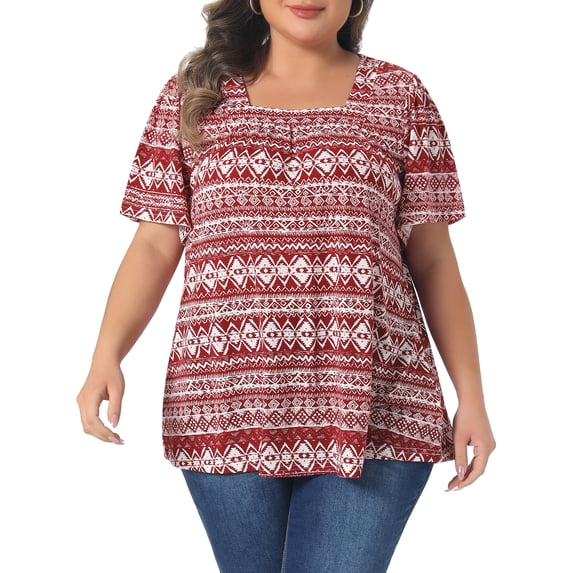 DARING DIVA Women's Plus Square Neck Boho Print T Shirt Blouse Casual 1X Red