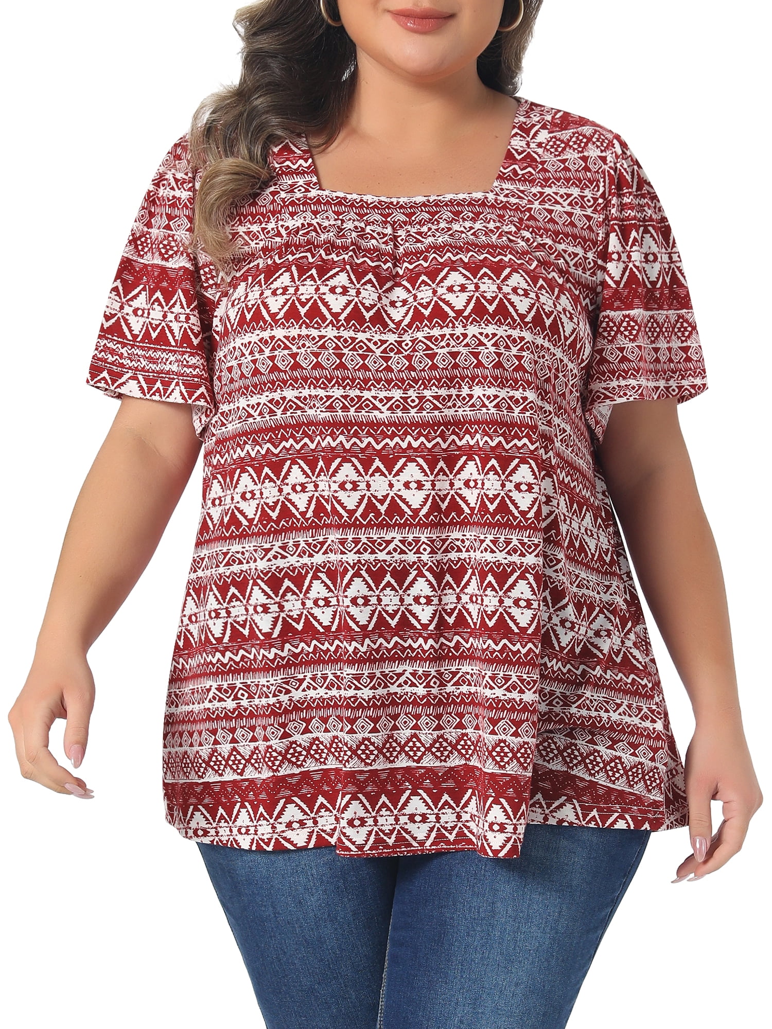 DARING DIVA Women's Plus Square Neck Boho Print T Shirt Blouse Casual 3X Red