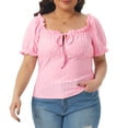 thumbnail image 1 of DARING DIVA Women's Plus Square Neck Bow Tie Front Cute Crop Blouse 1X Pink, 1 of 6