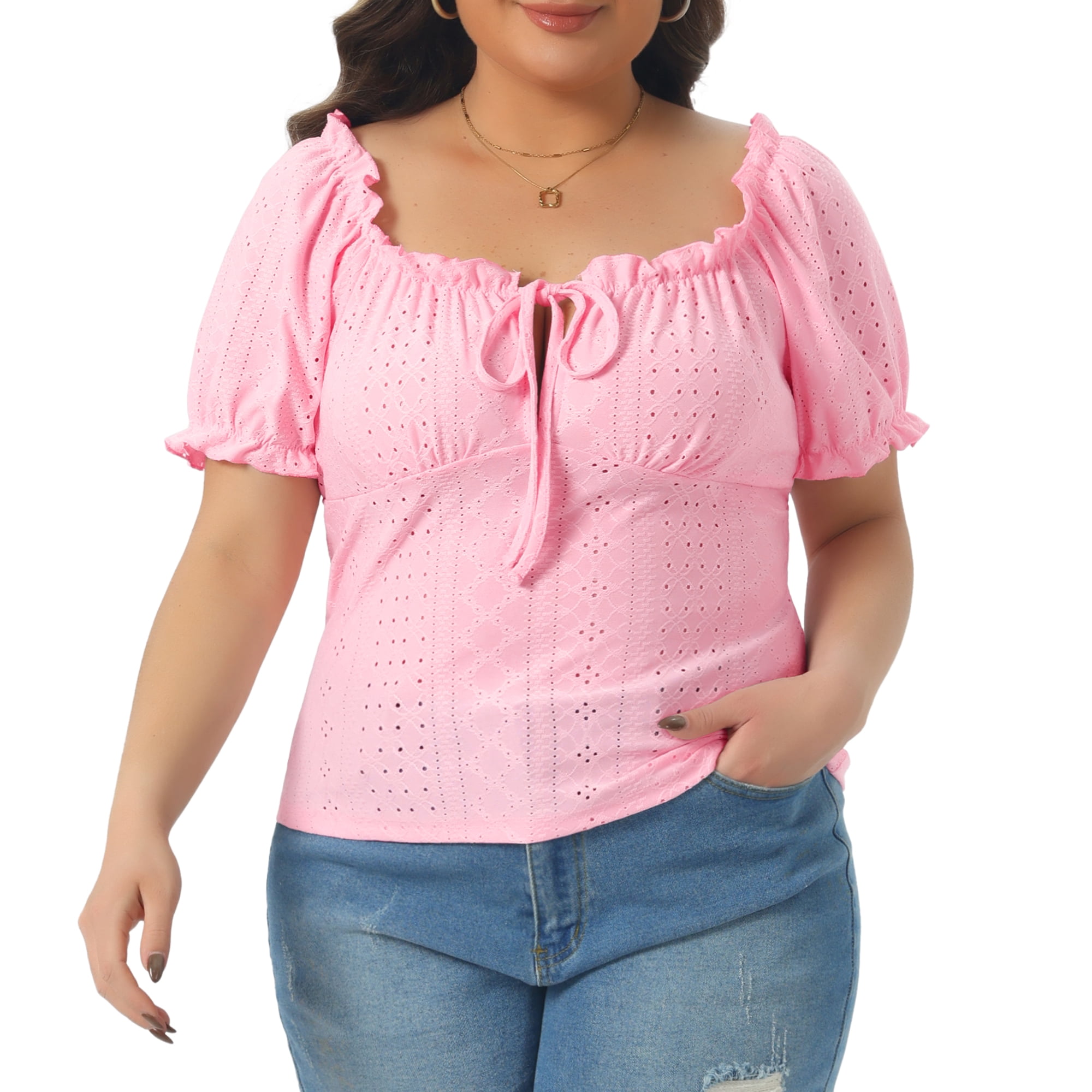 DARING DIVA Women's Plus Square Neck Bow Tie Front Cute Crop Blouse 2X Pink