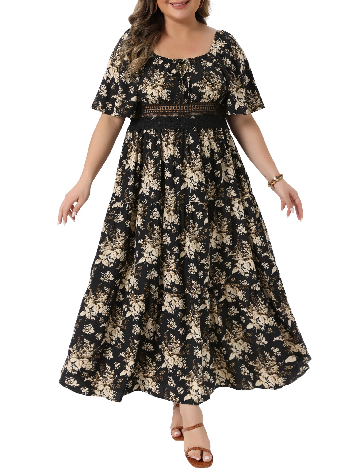 DARING DIVA Women's Plus Square Neck Floral Dresses Maxi Dress 4X Black