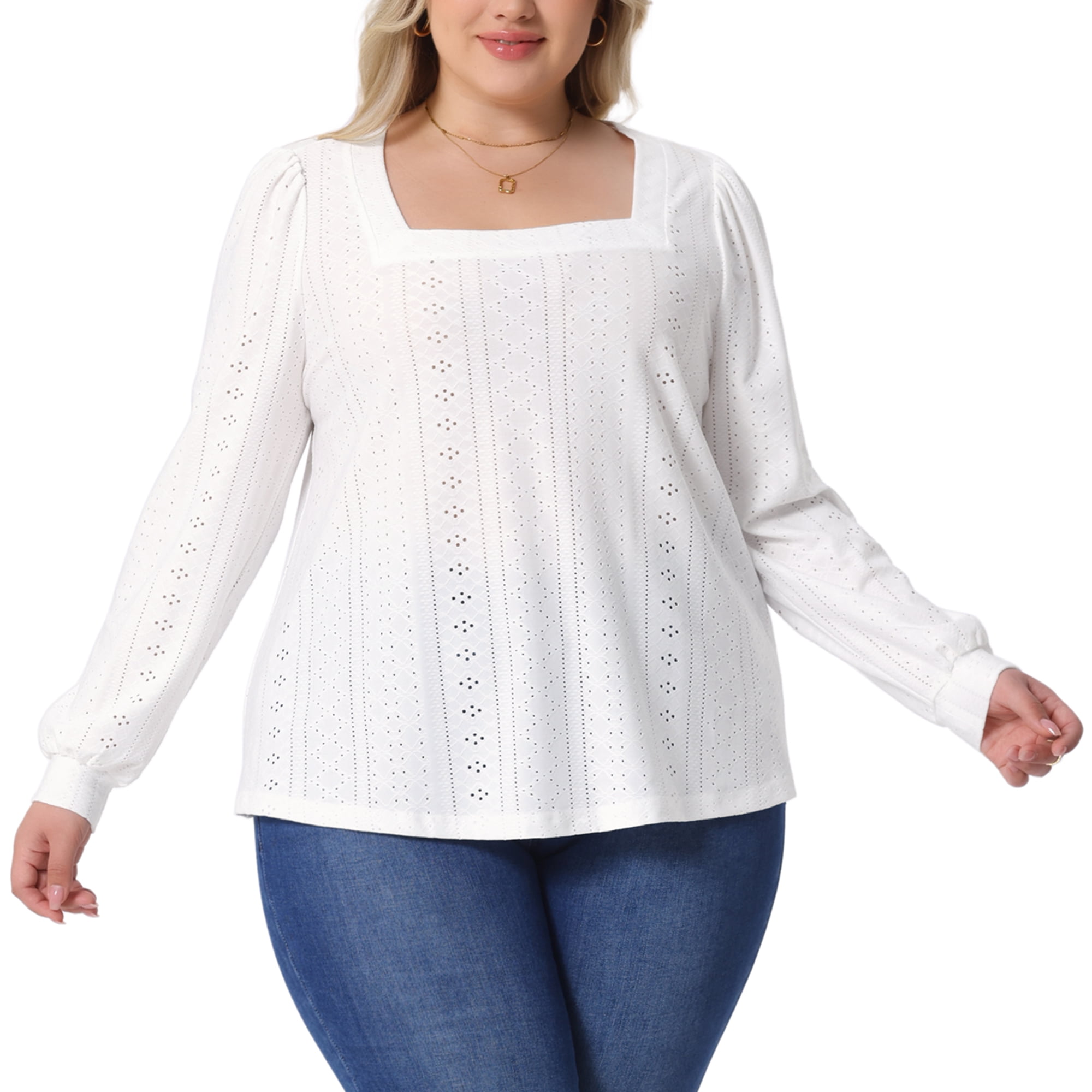 DARING DIVA Women's Plus Square Neck Hollow Dressy Casual Eyelet Shirts 2X White