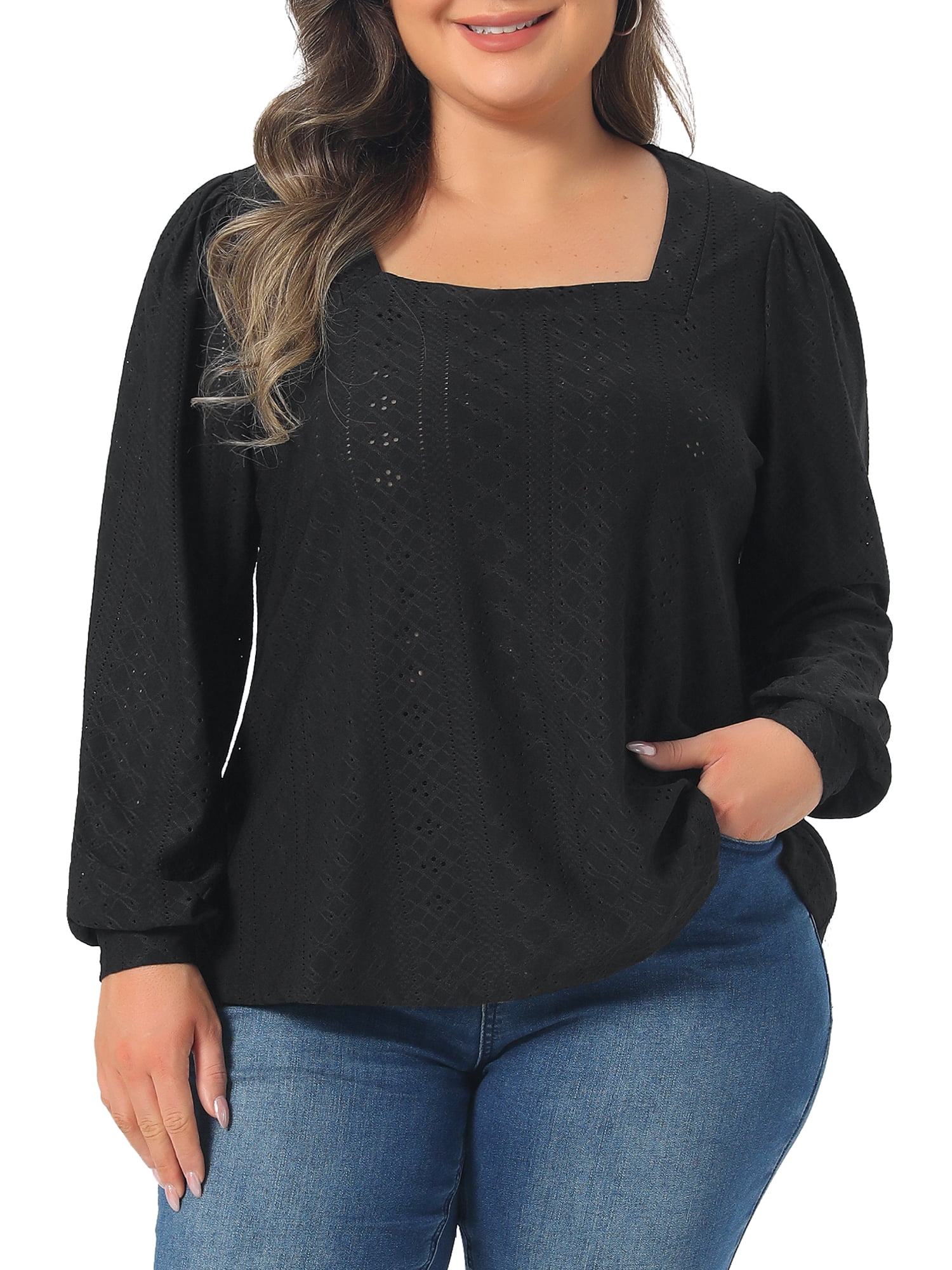DARING DIVA Women's Plus Square Neck Hollow Dressy Casual Eyelet Shirts 4X Black