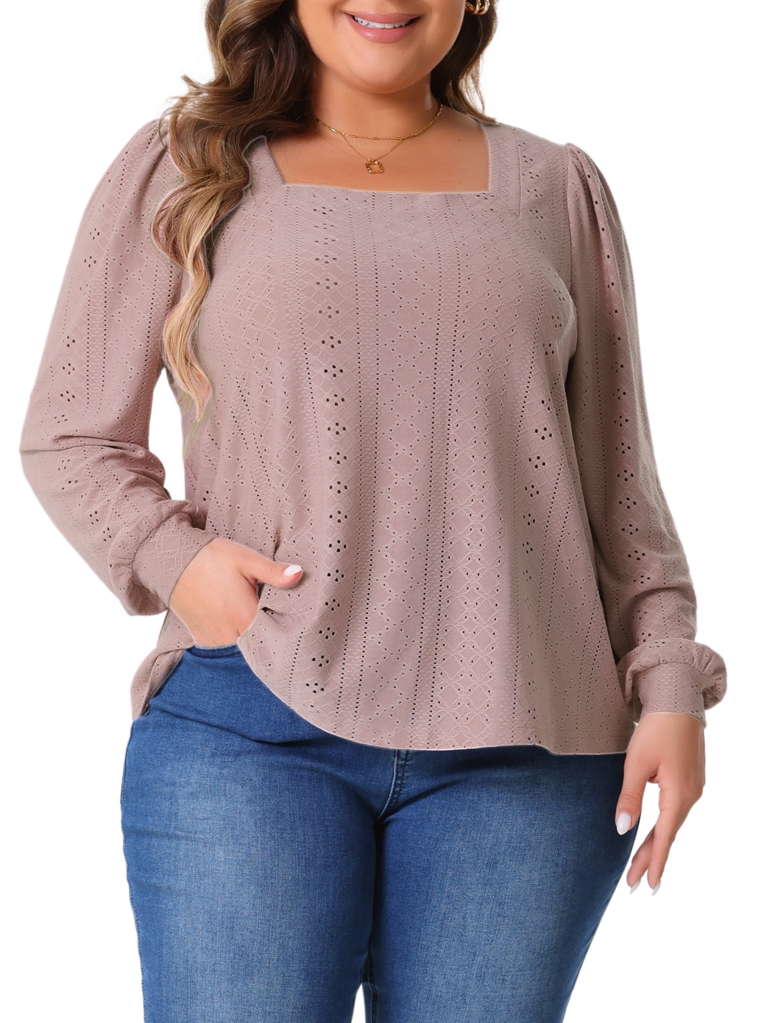 DARING DIVA Women's Plus Square Neck Hollow Dressy Casual Eyelet Shirts 4X Dark Pink
