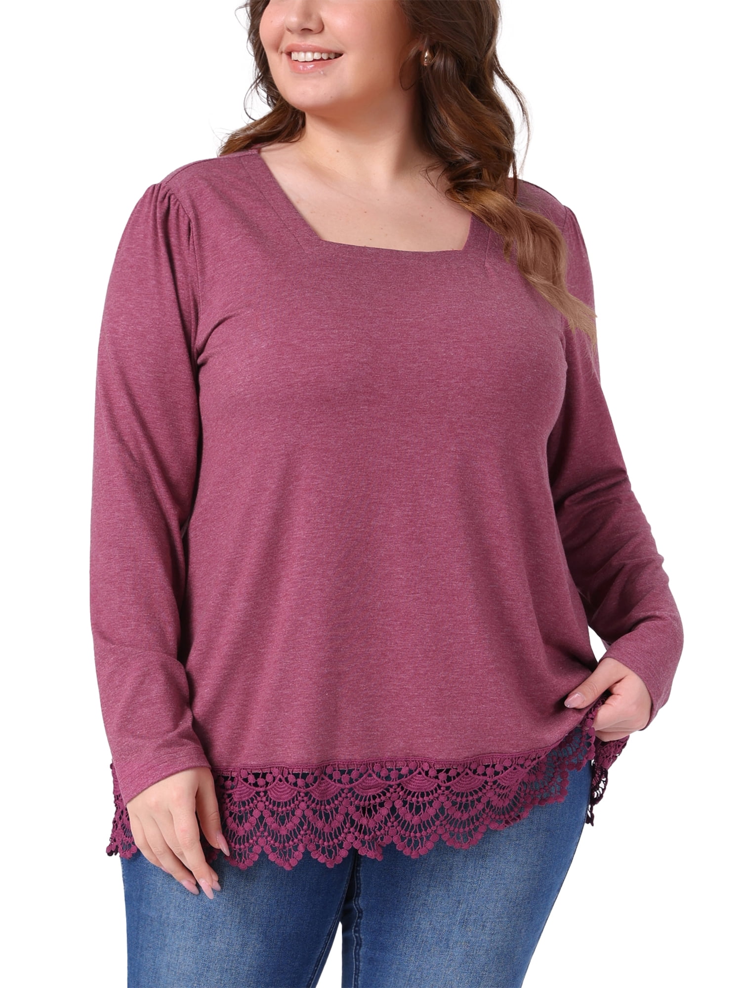 DARING DIVA  Women's Plus Square Neck Lace Hem Blouse 1X Fuchsia