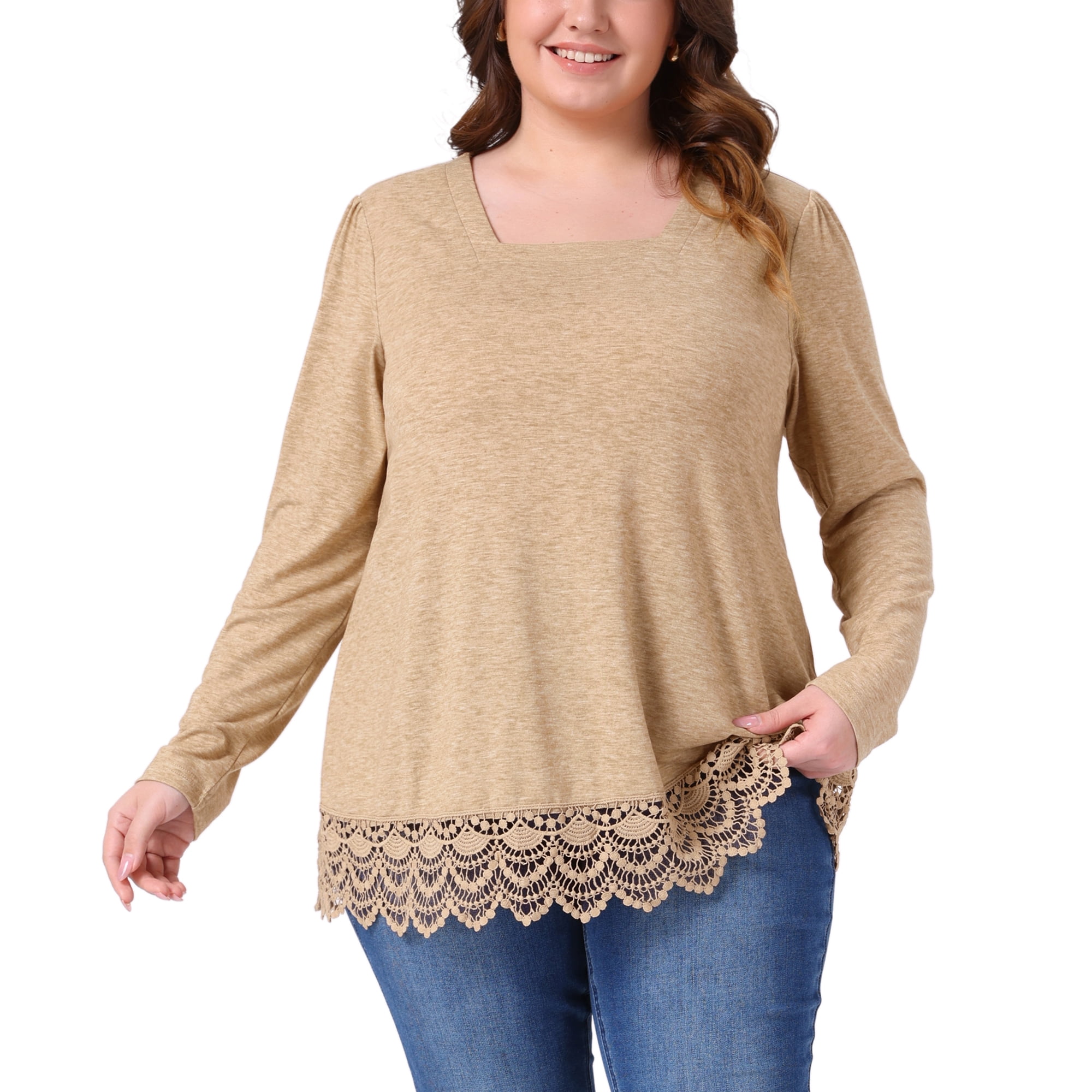 DARING DIVA  Women's Plus Square Neck Lace Hem Blouse 2X Khaki
